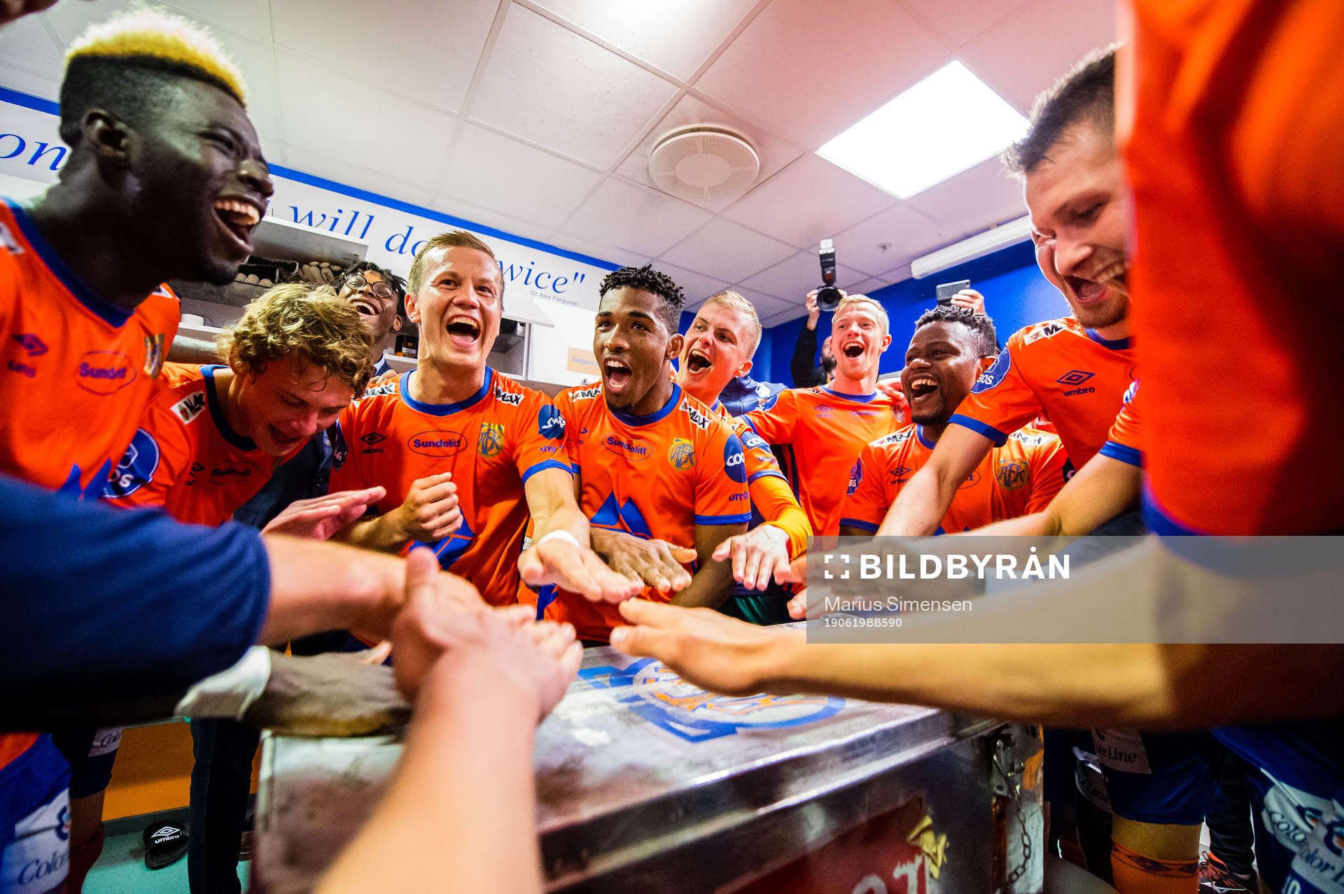 Pape Habib Gueye, Isak Dybvik Määttä, Ståle Steen Sæthre, Erikson Spinola Lima, David Kristjan Olafsson, Peter Orry Larsen and Izunna Arnest Uzochukwu of Aalesund celebrates after the cup match between Aalesund and Molde on June 19, 2019 in Ålesund.
