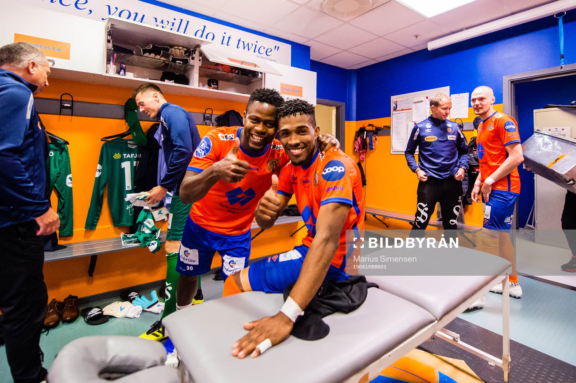 Izunna Arnest Uzochukwu and Erikson Spinola Lima of Aalesund celebrates after the cup match between Aalesund and Molde on June 19, 2019 in Ålesund.