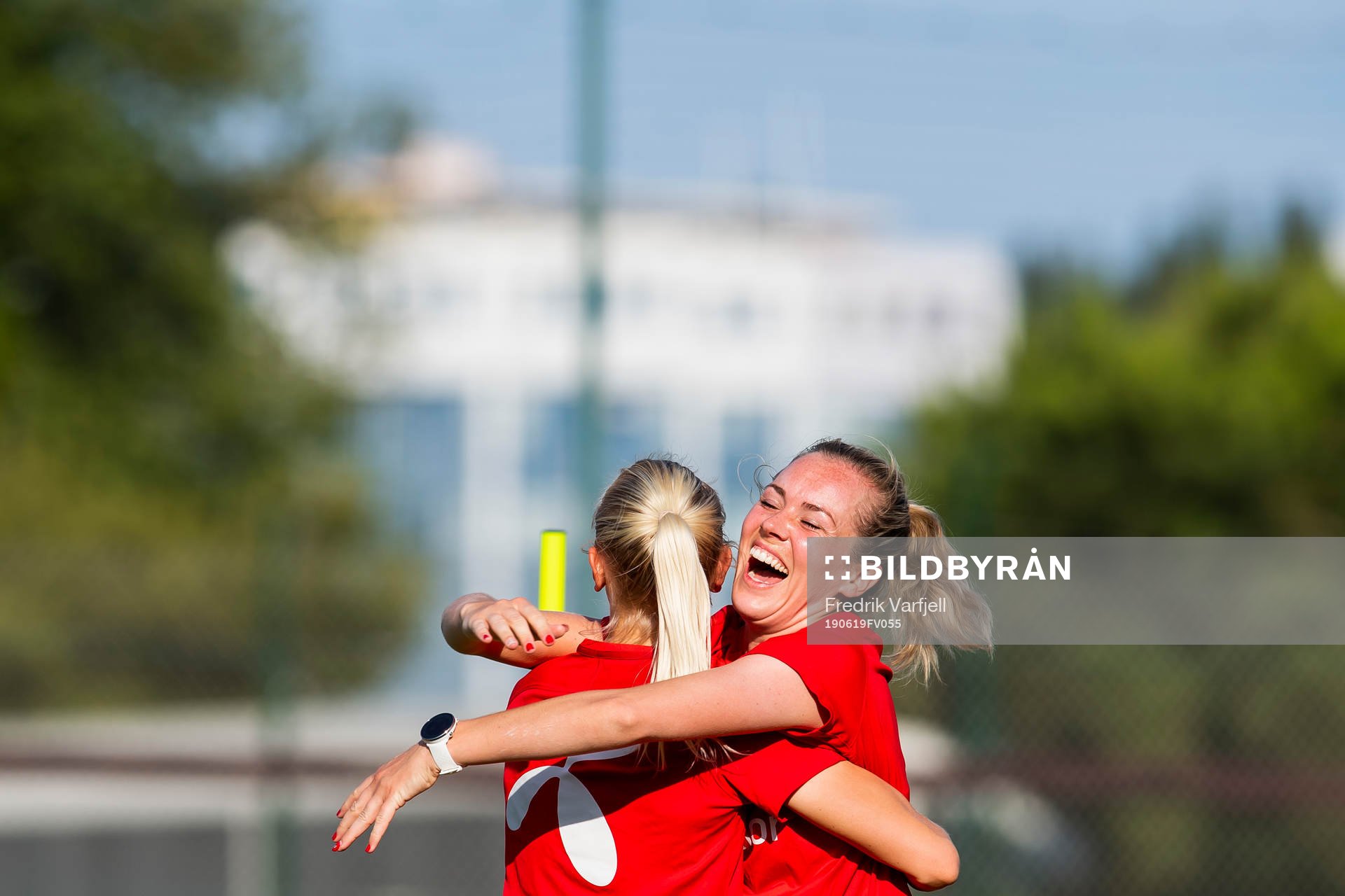 Karina Sævik and Stine Hovland celebrate during a training session on June 19, 2019 in Nice.