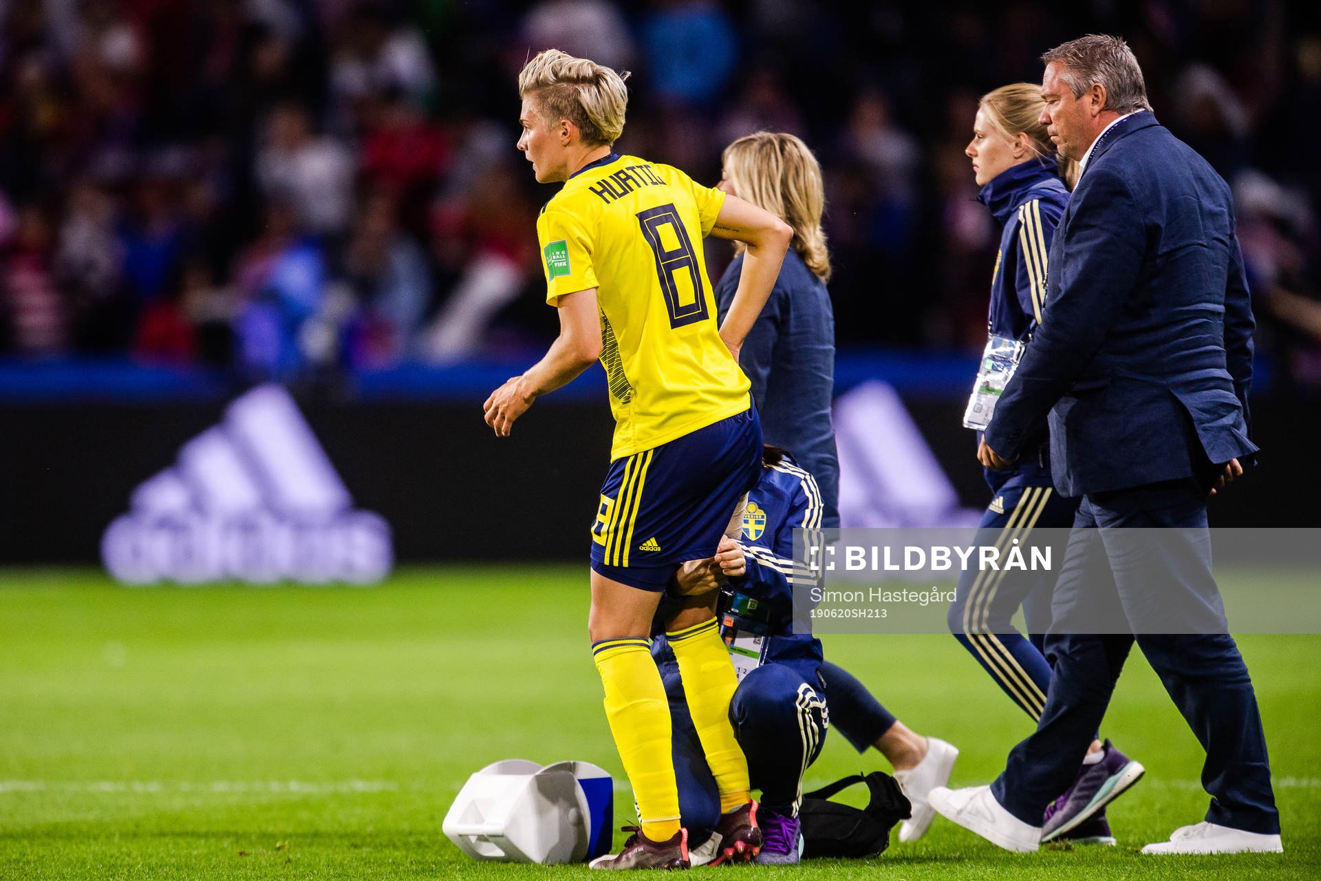 Lina Hurtig of Sweden receives treatment