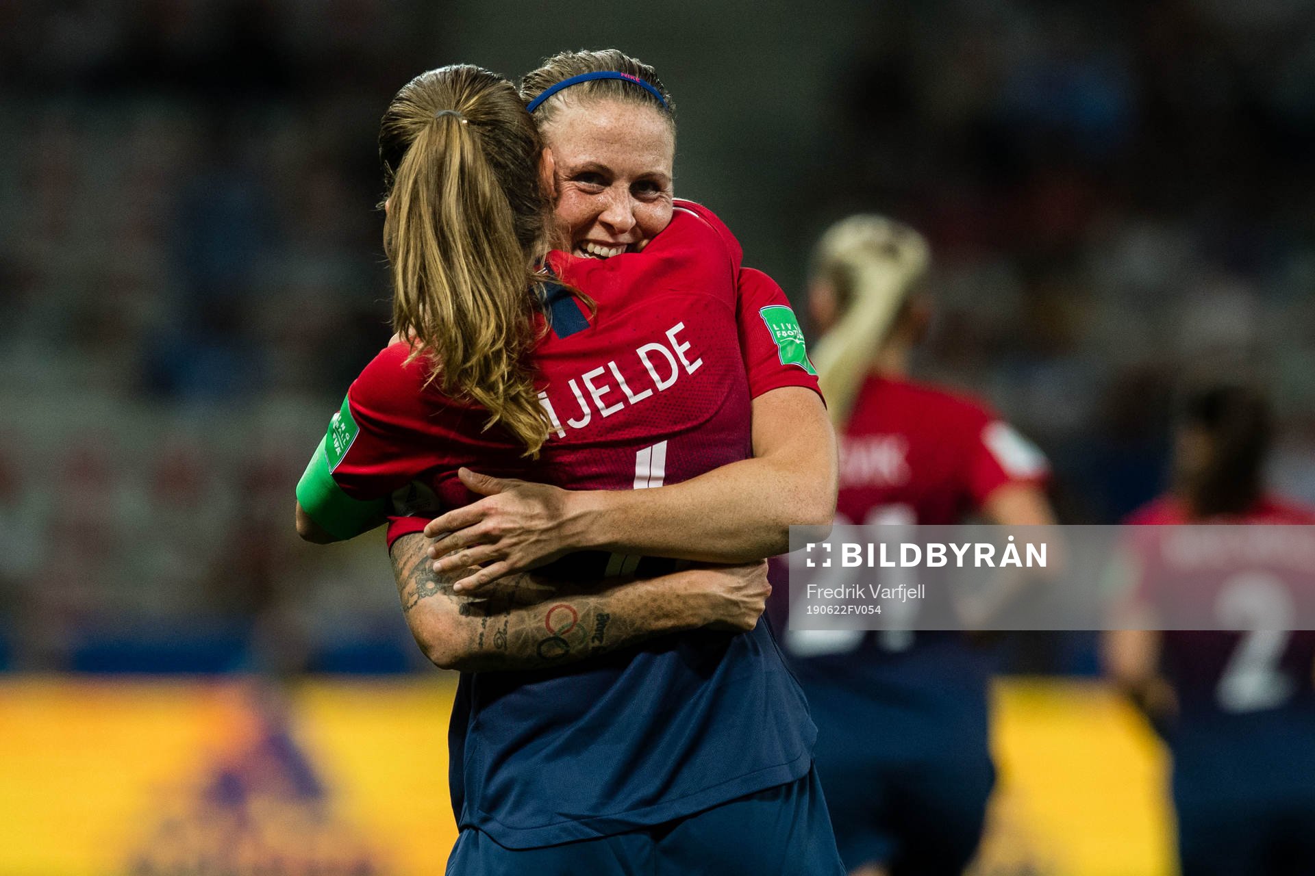 Maren Nævdal Mjelde and Isabell Lehn Herlovsen celebrates after 1-0 during the FIFA Women's World Cup match between Norway and Australia on June 22, 2019 in Nice.