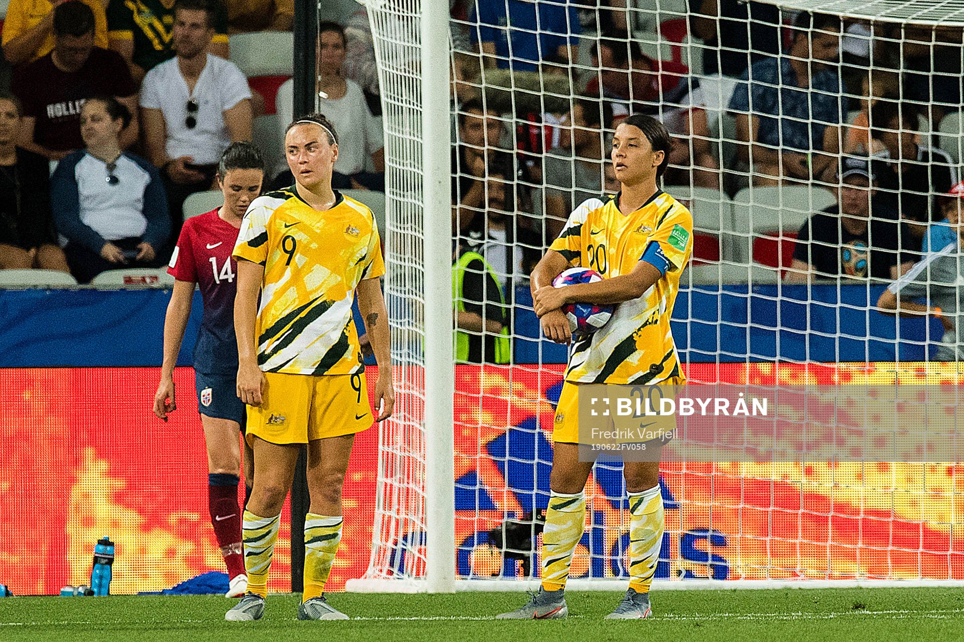 Caitlin Foord and Sam Kerr of Australia awaits a VAR check