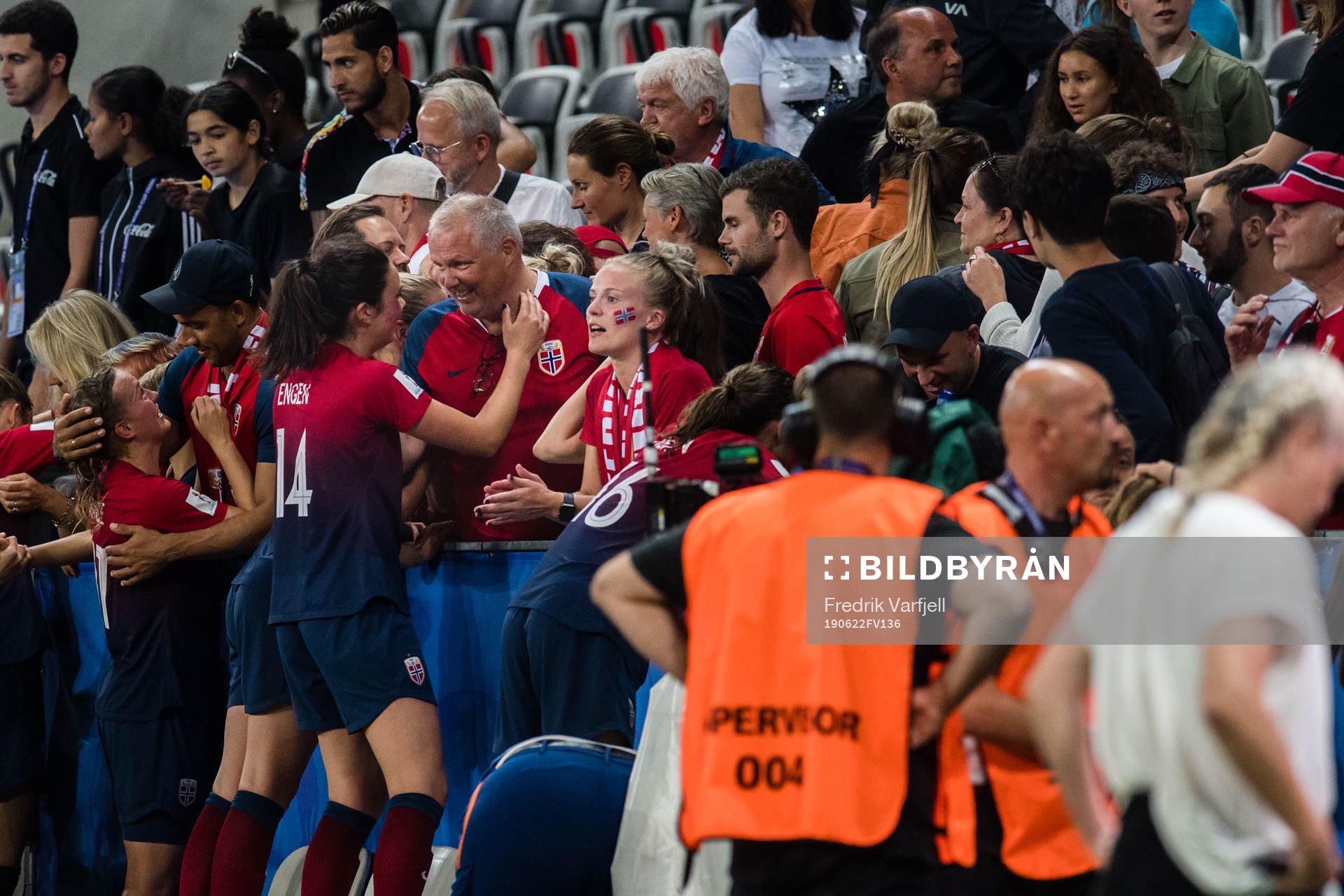 Ingrid Syrstad Engen of Norway celebrates with fans