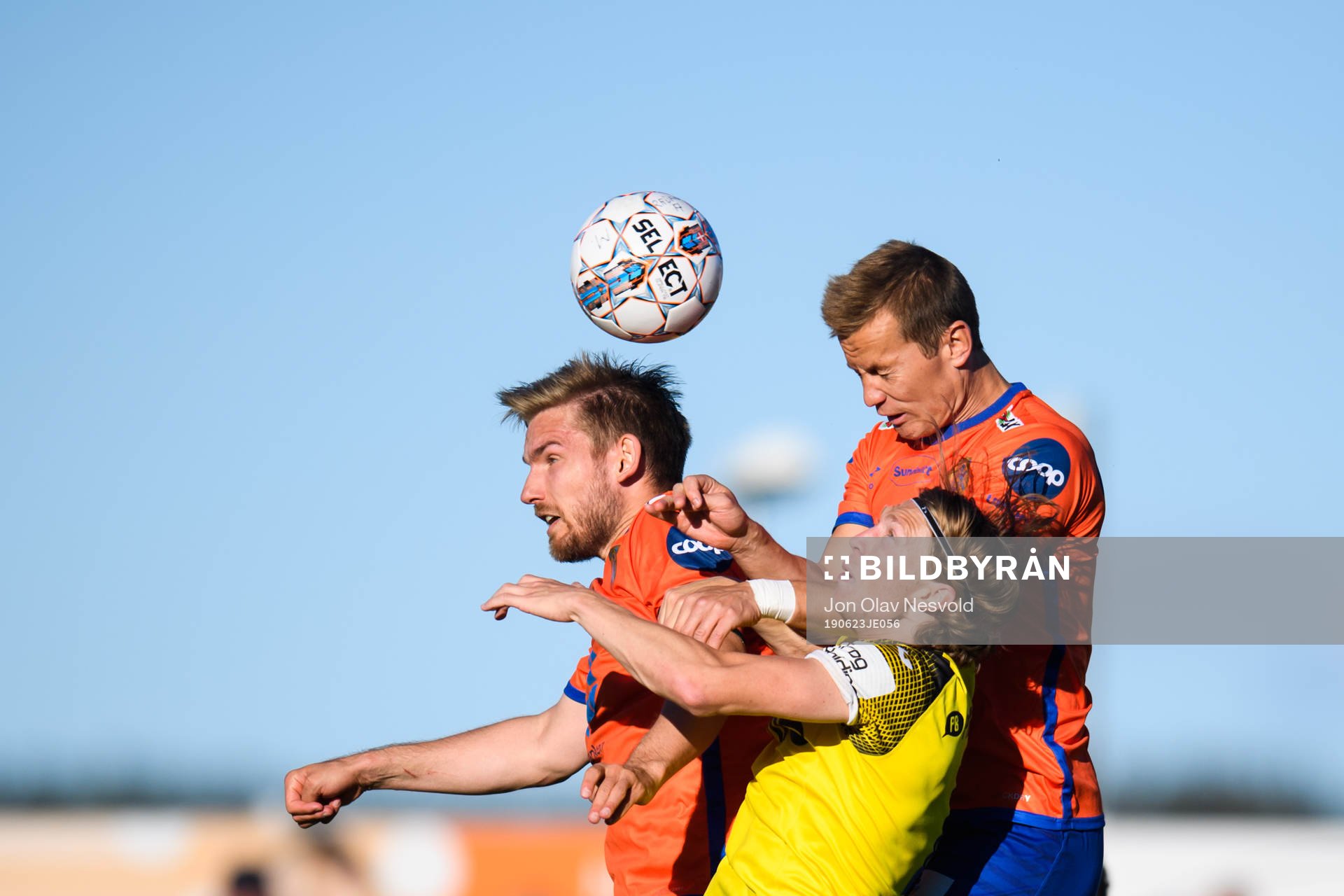 Oddbjørn Lie and Ståle Steen Sæthre of Aalesund against Stian Simenstad of Raufoss during the OBOS-ligaen match between Raufoss and Aalesund on June 23, 2019 in Raufoss.