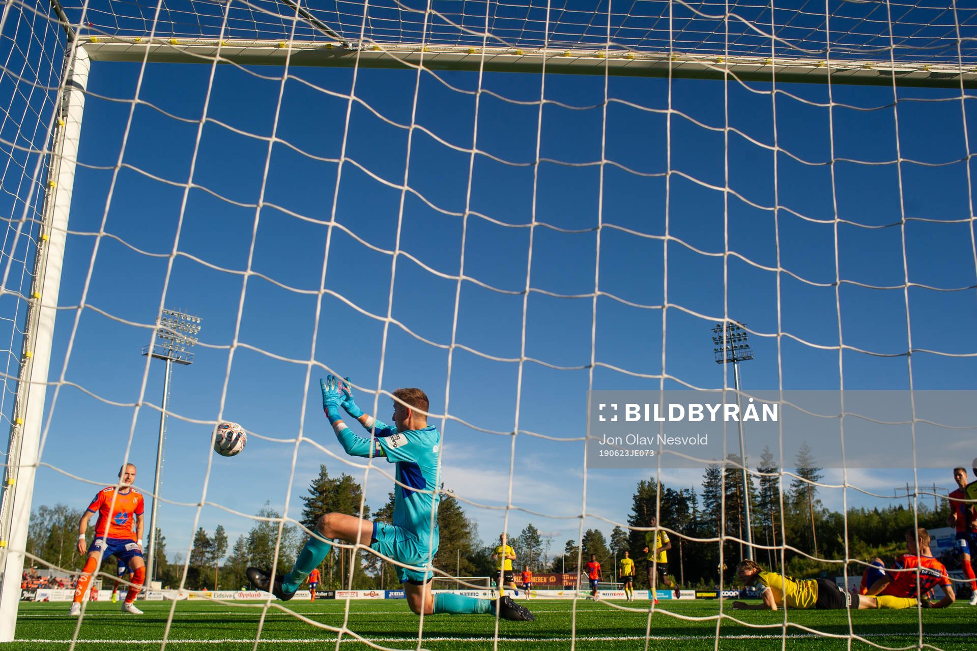 Goalkeeper Ole Kristian Gjefle Lauvli of Raufoss with a save during the OBOS-ligaen match between Raufoss and Aalesund on June 23, 2019 in Raufoss.
