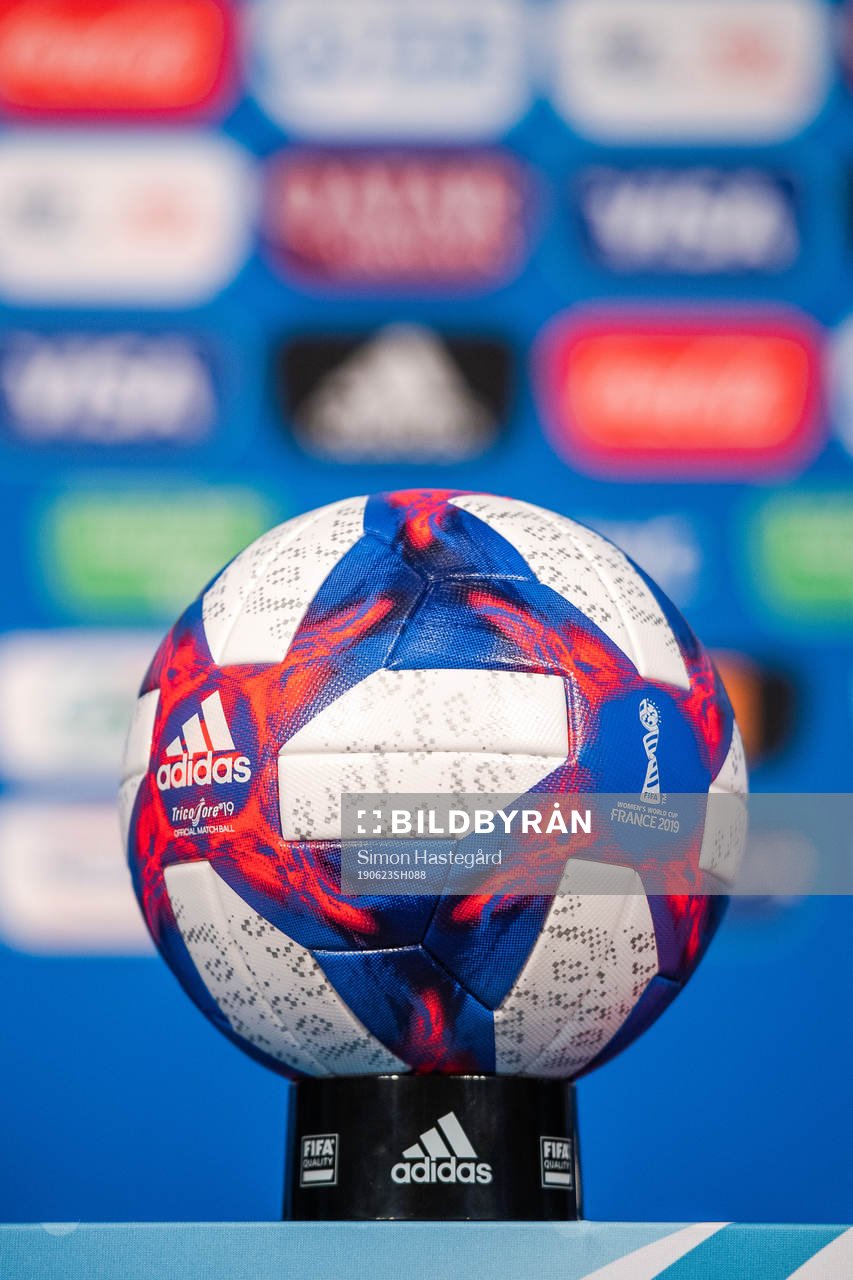 The official match ball for the knockout stage of the FIFA Women´s World Cup during a press conference on June 23, 2019 in Paris.