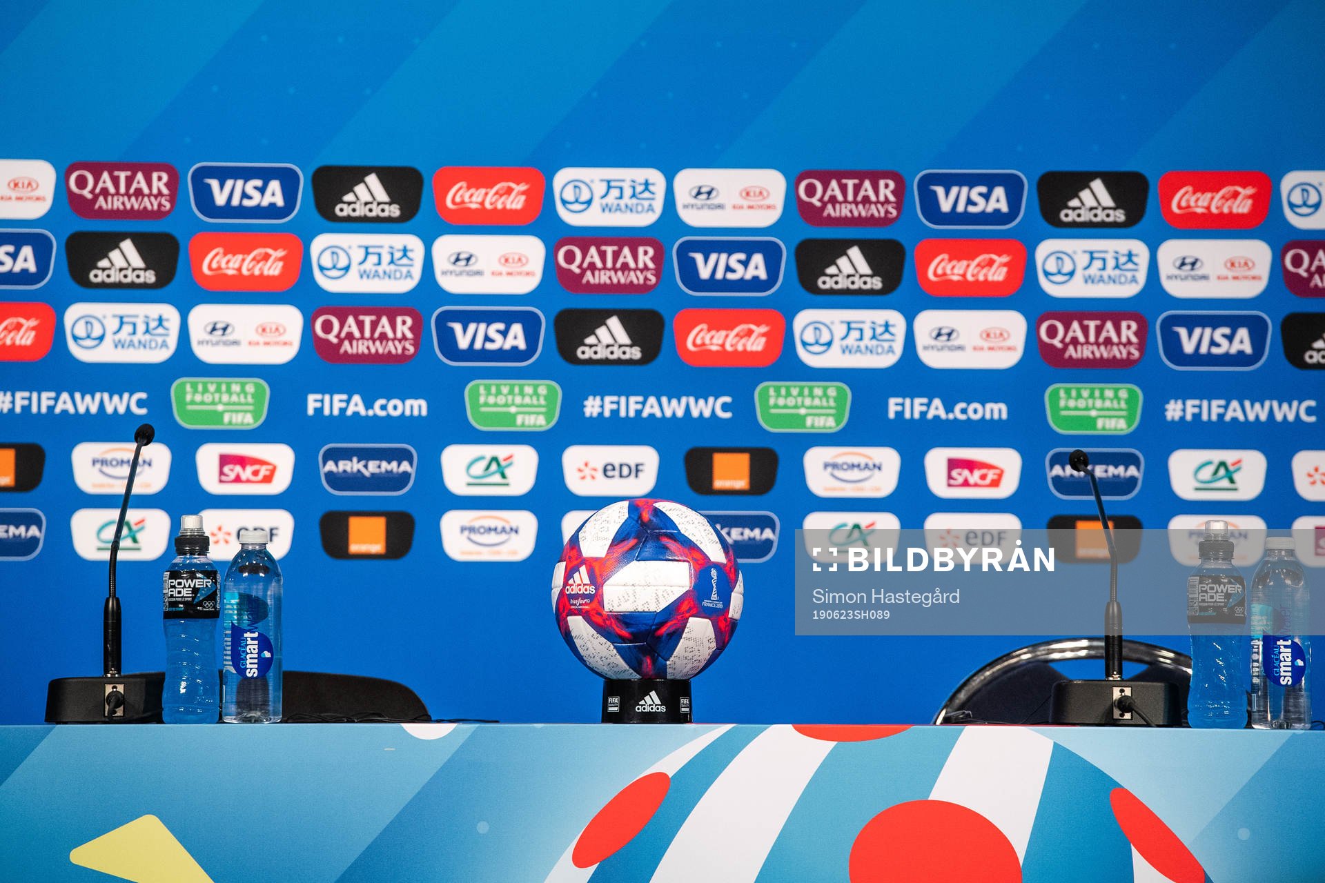 The official match ball for the knockout stage of the FIFA Women´s World Cup during a press conference on June 23, 2019 in Paris.