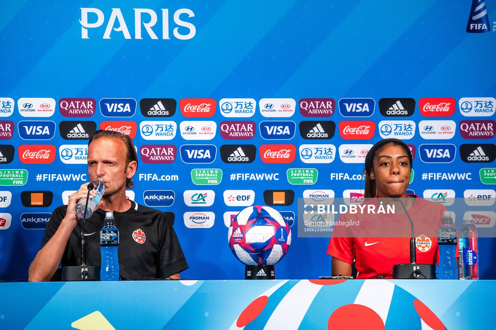 Kenneth Heiner-Møller ,head coach and Ashley Lawrence of Canada during a press conference on June 23, 2019 in Paris.