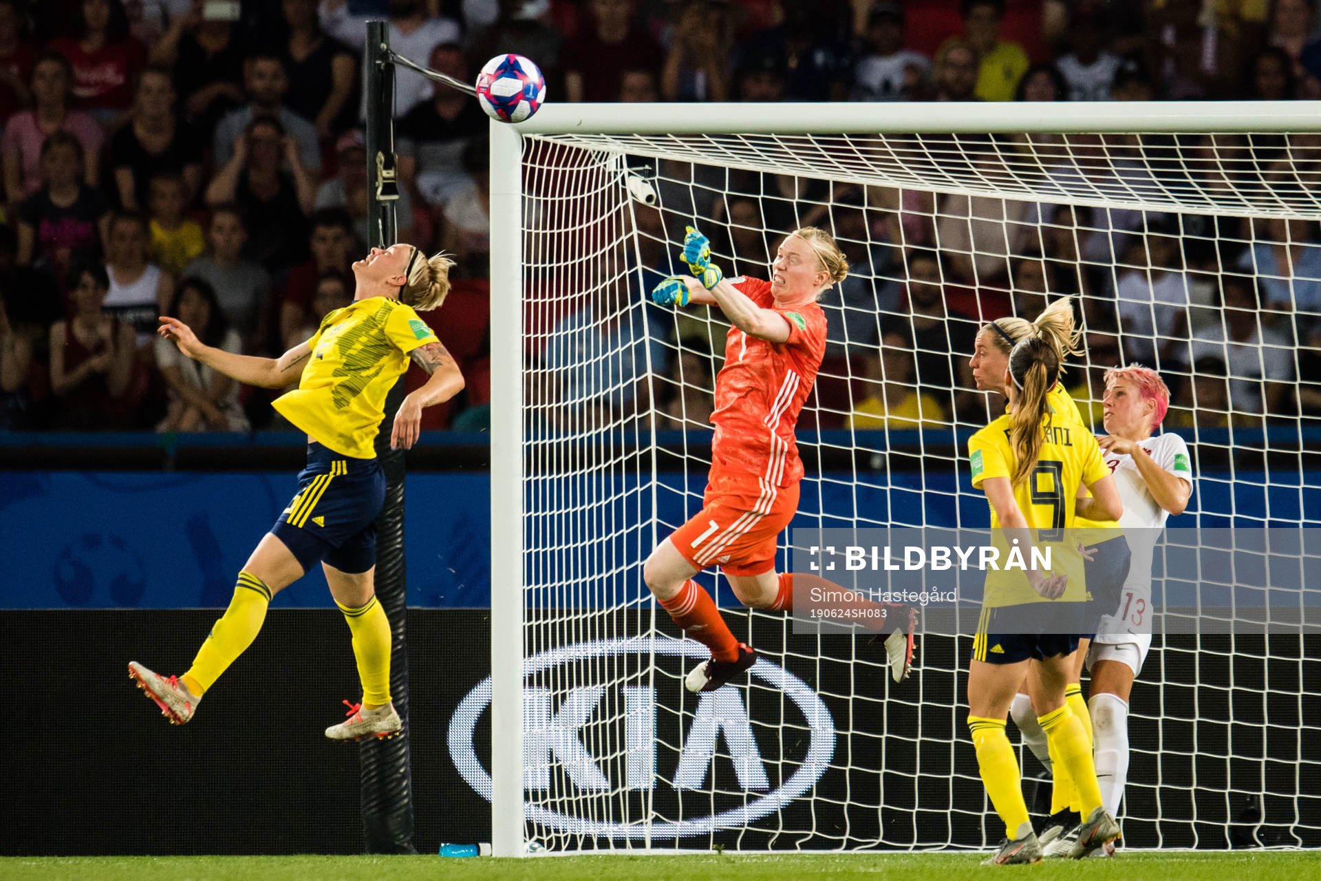Goalkeeper Hedvig Lindahl of Sweden saves