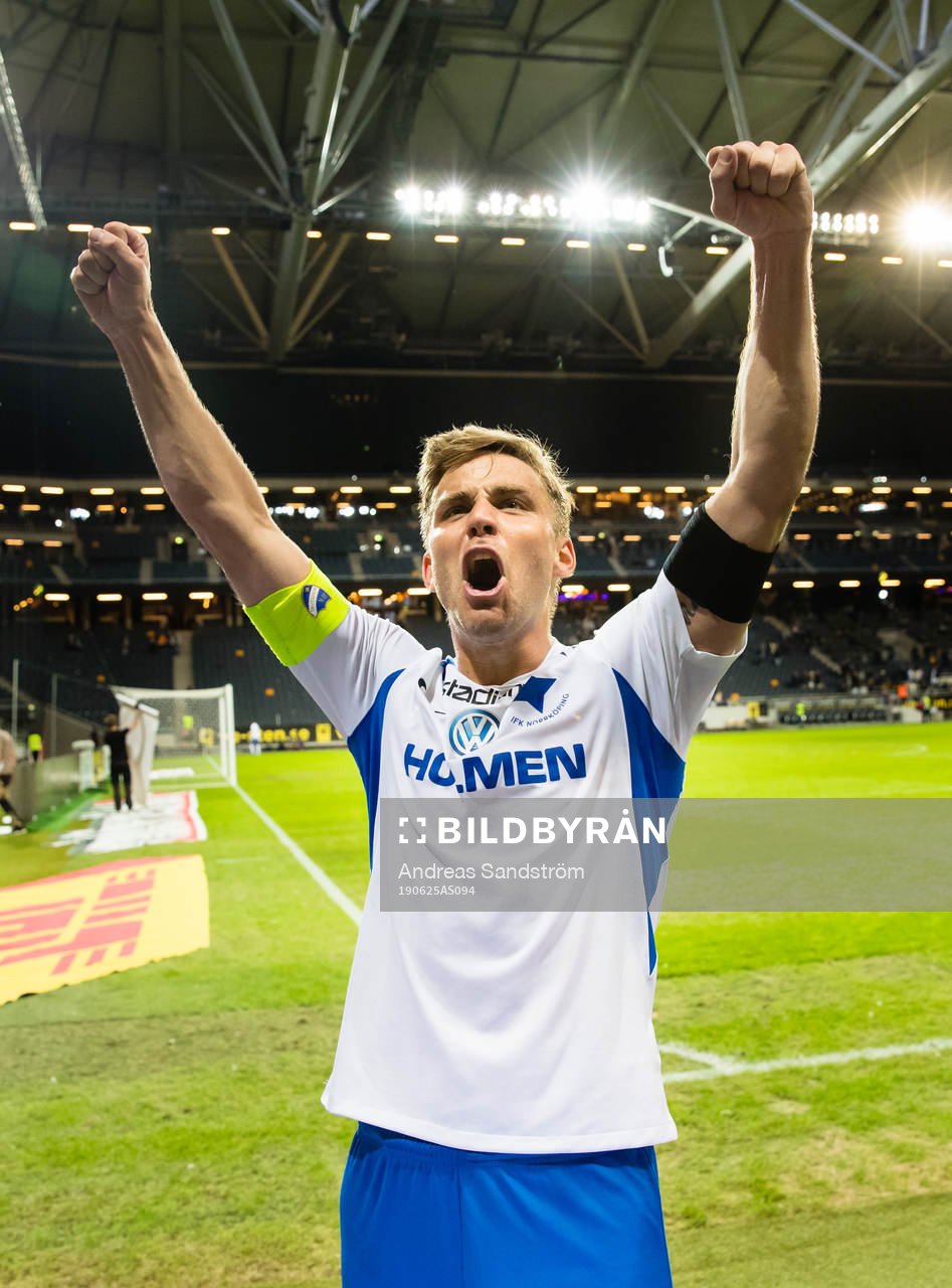 IFK Norrköpings Christoffer Nyman jublar efter fotbollsmatchen i Allsvenskan mellan AIK och IFK Norrköping den 25 juni 2019 i Stockholm.