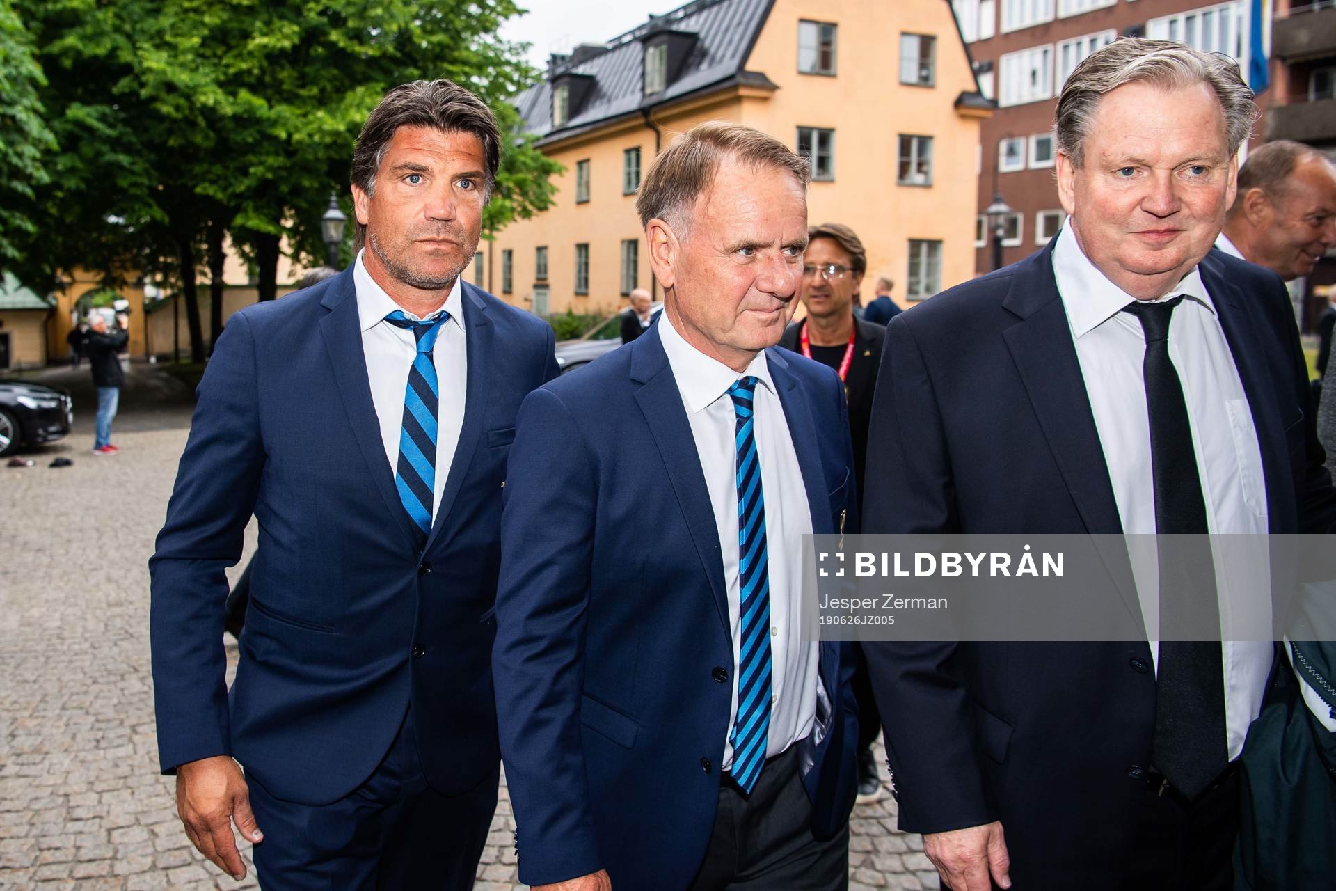 Bosse Andersson, Sports director of Djurgården and Pelle Kotschack during the funeral of former UEFA president Lennart Johansson on June 26, 2019 in Stockholm.
