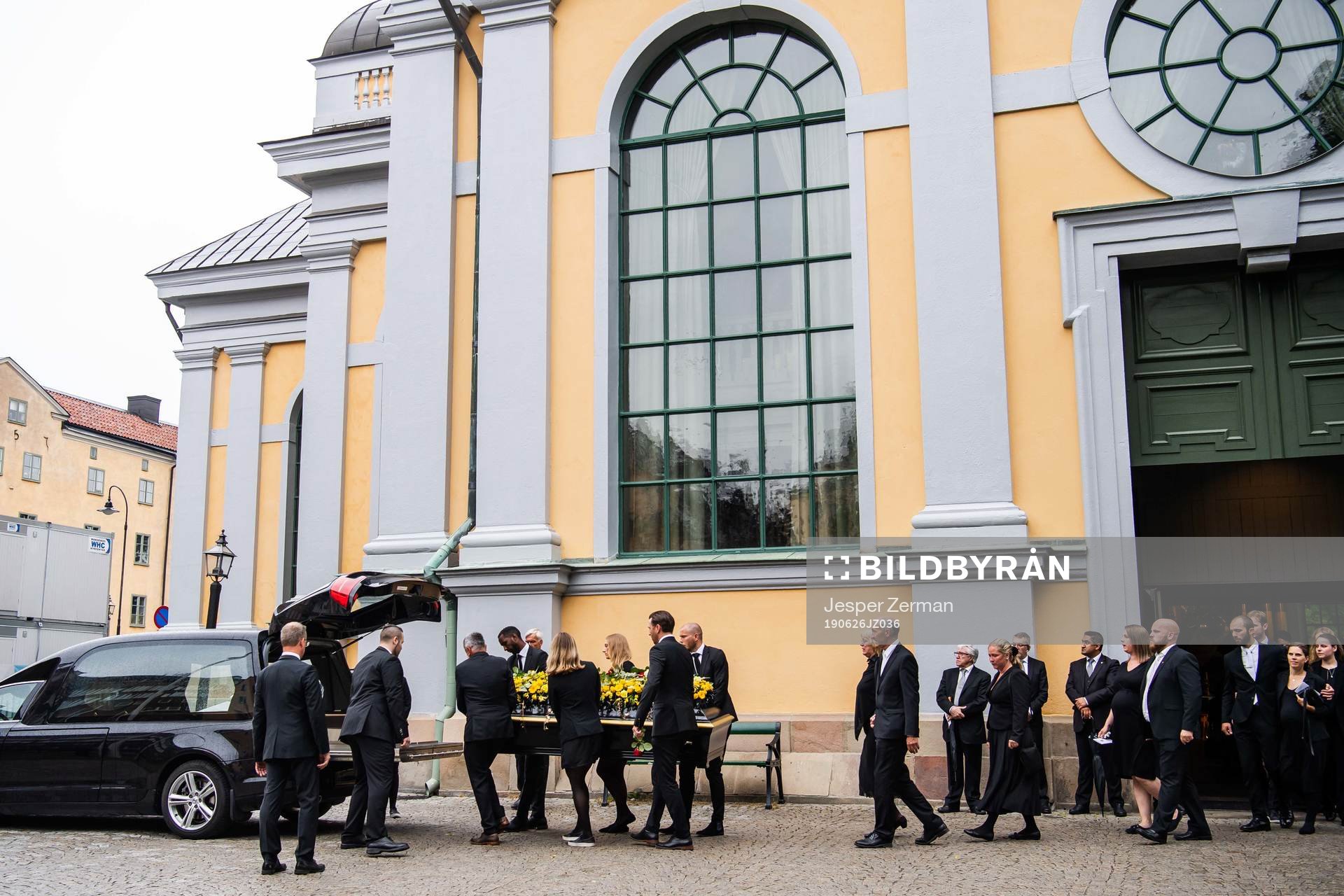 The coffin is carried out of the church after the funeral of former UEFA president Lennart Johansson on June 26, 2019 in Stockholm.