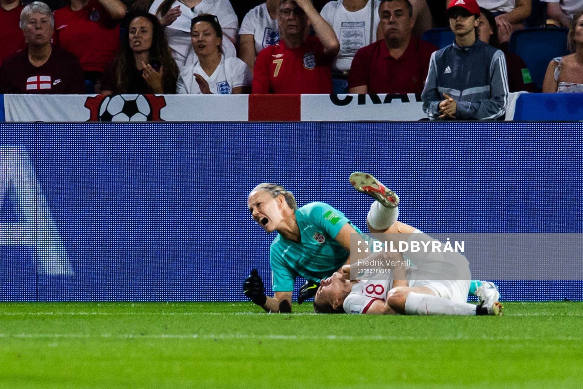 Goalkeeper Ingrid Hjelmseth of Norway in pain