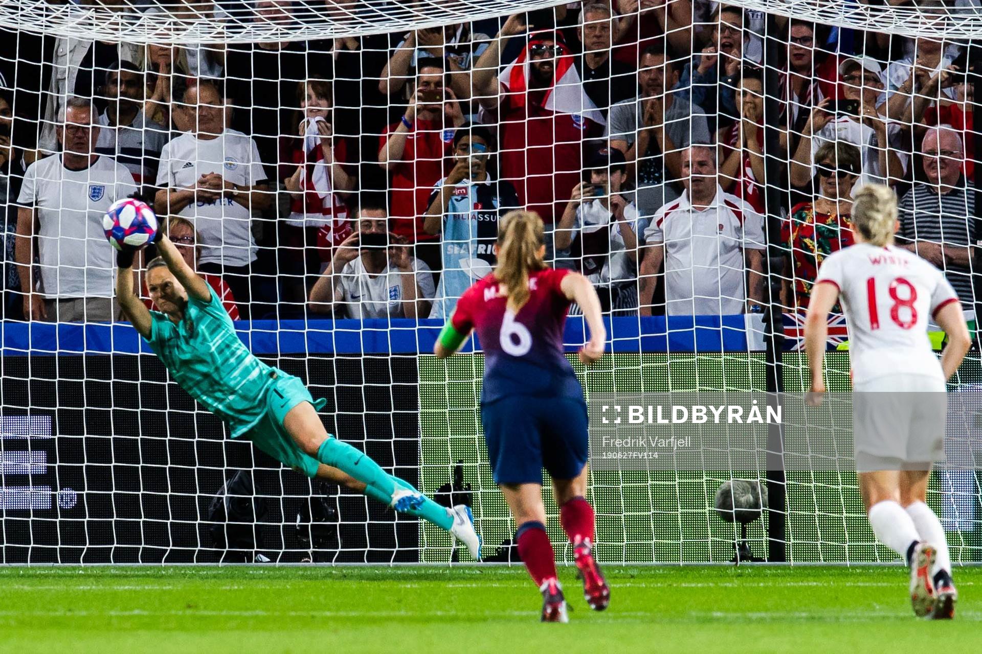 Goalkeeper Ingrid Hjelmseth of Norway saves a penalty