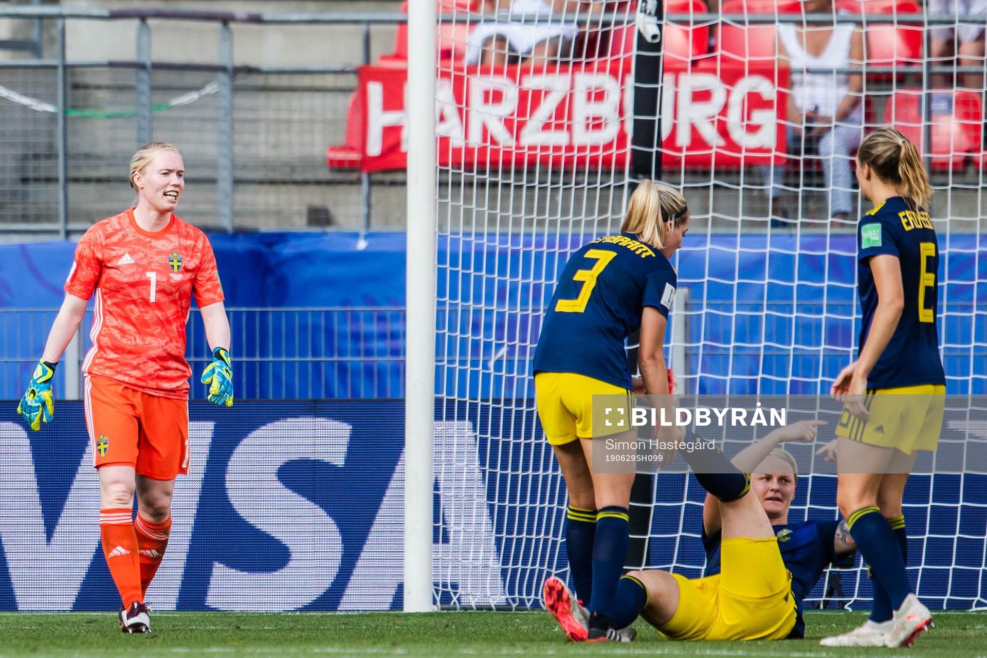 Nilla Fischer receives help from goalkeeper Hedvig Lindahl,