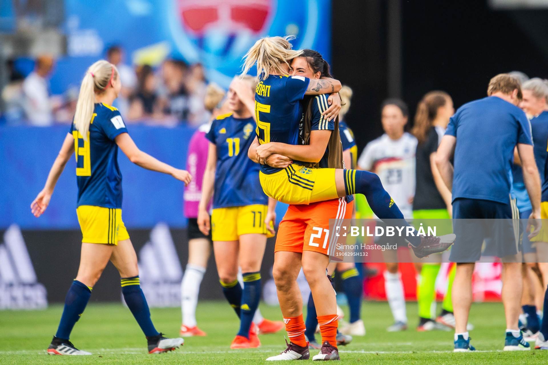 Nathalie Björn and goalkeeper Zecira Musovic of Sweden