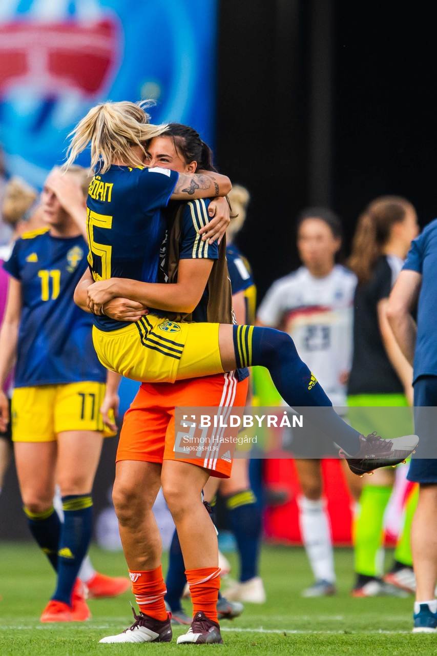 Nathalie Björn and goalkeeper Zecira Musovic of Sweden