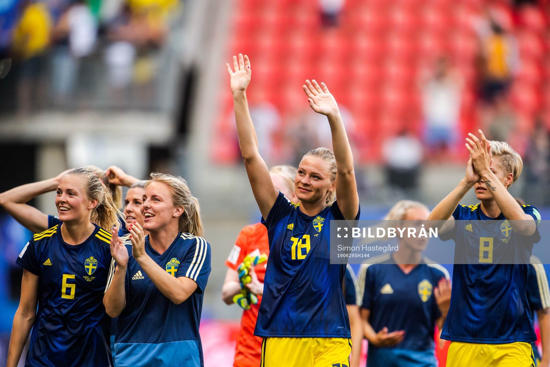 Magdalena Eriksson, Fridolina Rolfö and Lina Hurtig of Sweden celebrate after the FIFA Women's World Cup quarter final between Germany and Sweden on June 29, 2019 in Rennes.