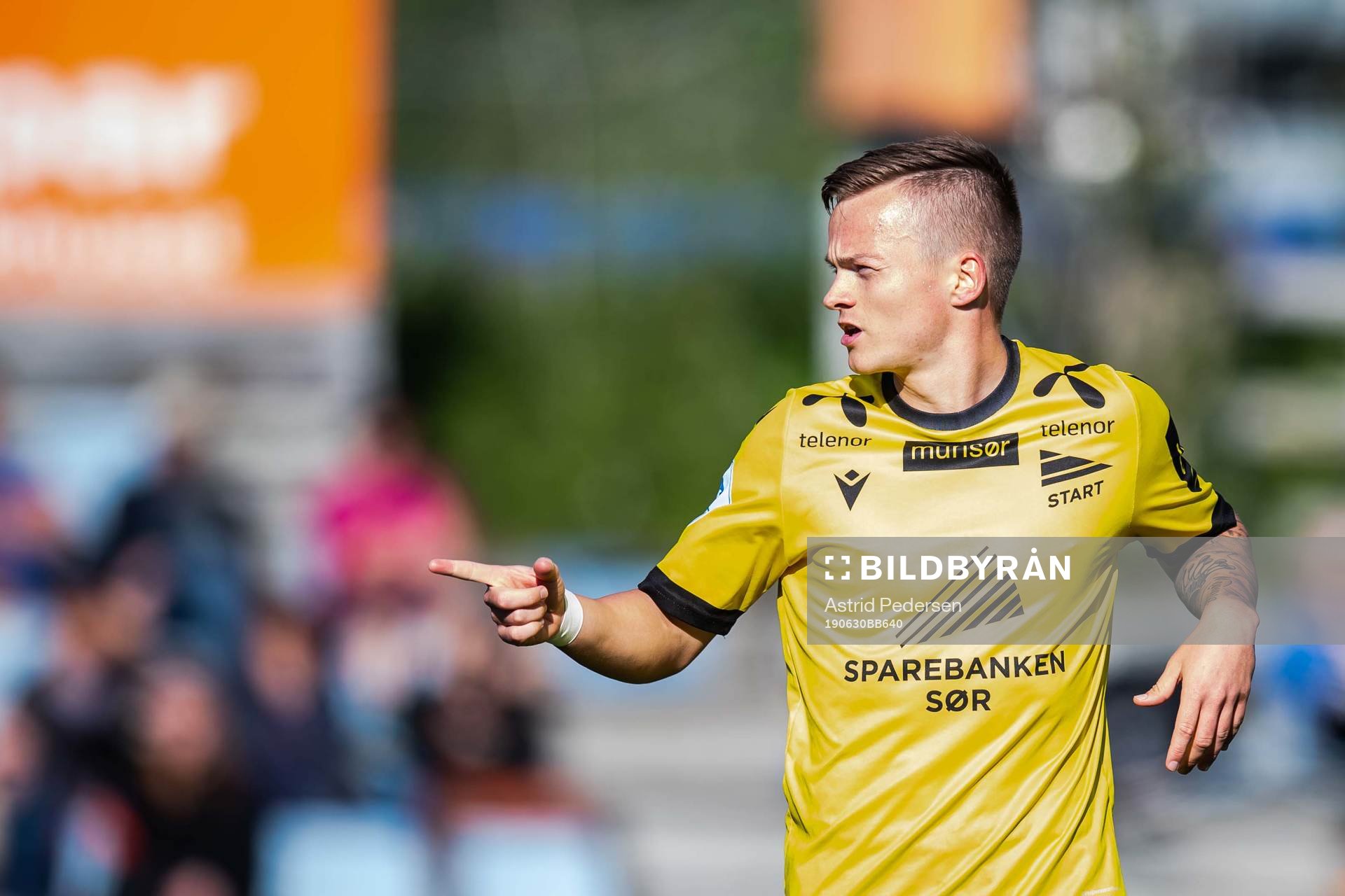Aron Sigurdarson of Start celebrate after 0-1 during the OBOS-ligaen match between Tromsdalen and Start on June 30, 2019 in Tromsø.