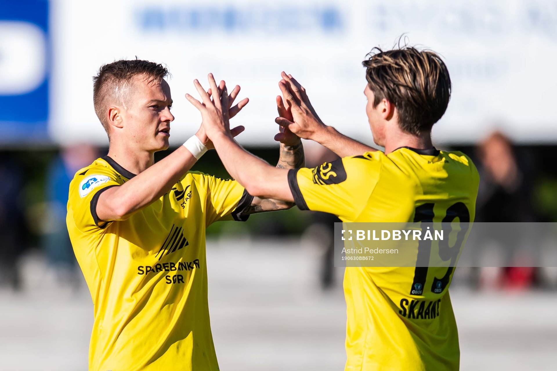Aron Sigurdarson and Kasper Skaanes of Start celebrate after 1-3 during the OBOS-ligaen match between Tromsdalen and Start on June 30, 2019 in Tromsø.