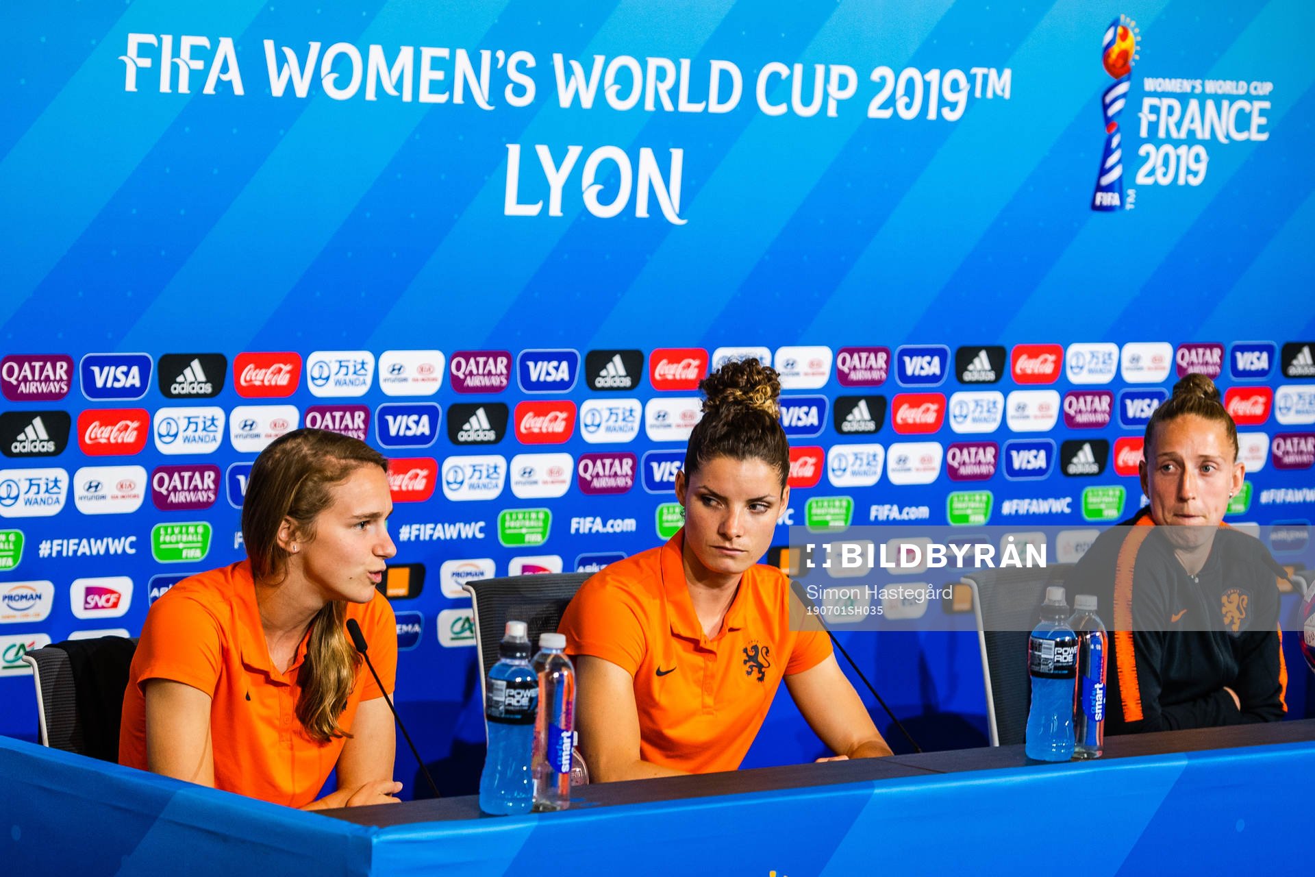 Vivianne Miedema, Dominique Bloodworth and Goalkeeper Sari van Veenendaal of Netherlands during a press conference on July 1, 2019 in Lyon.