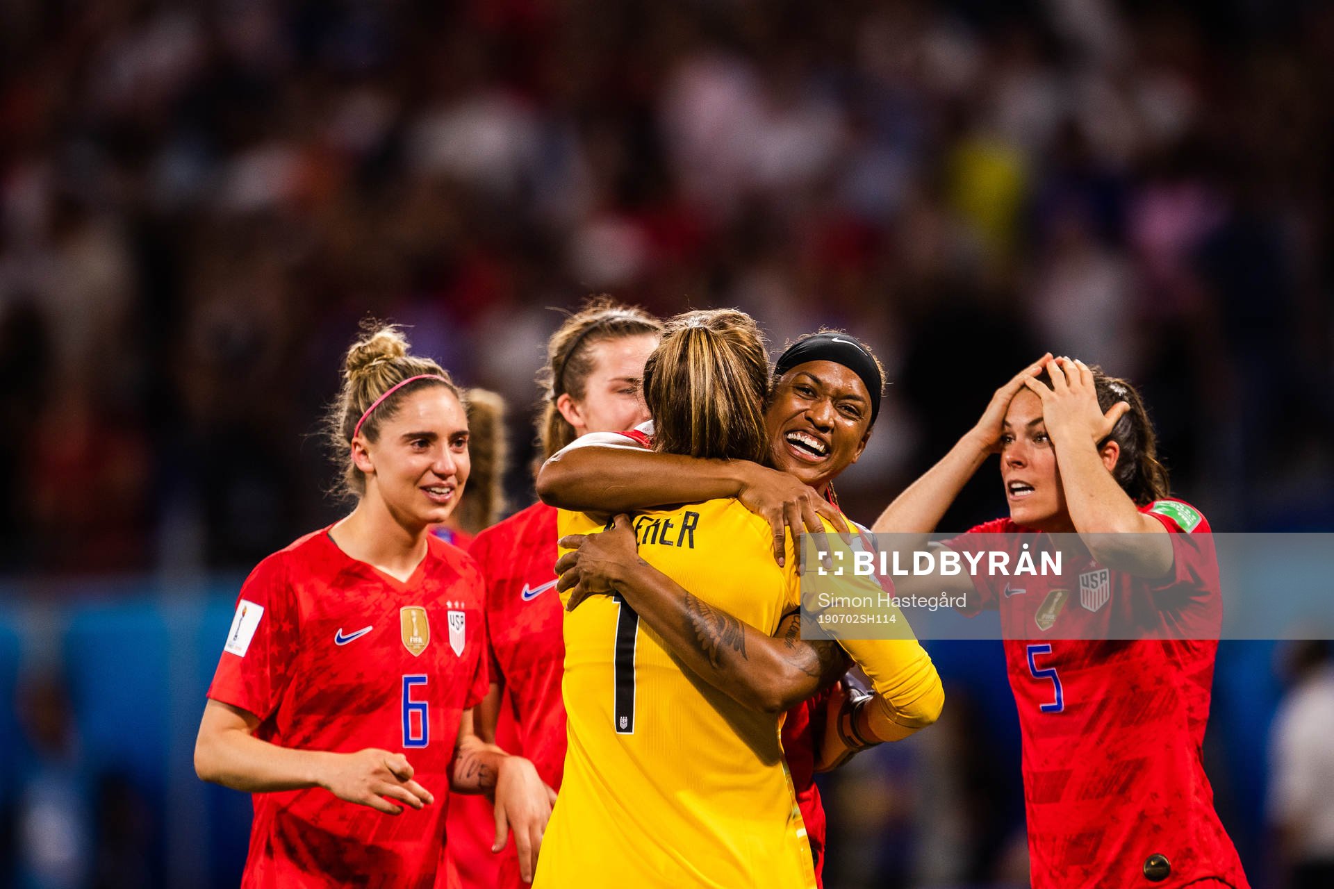 Jessica Mcdonald and goalkeeper Alyssa Naeher of USA celebrate after the FIFA Women's World Cup semi-final match between England and USA on July 2, 2019 in Lyon.