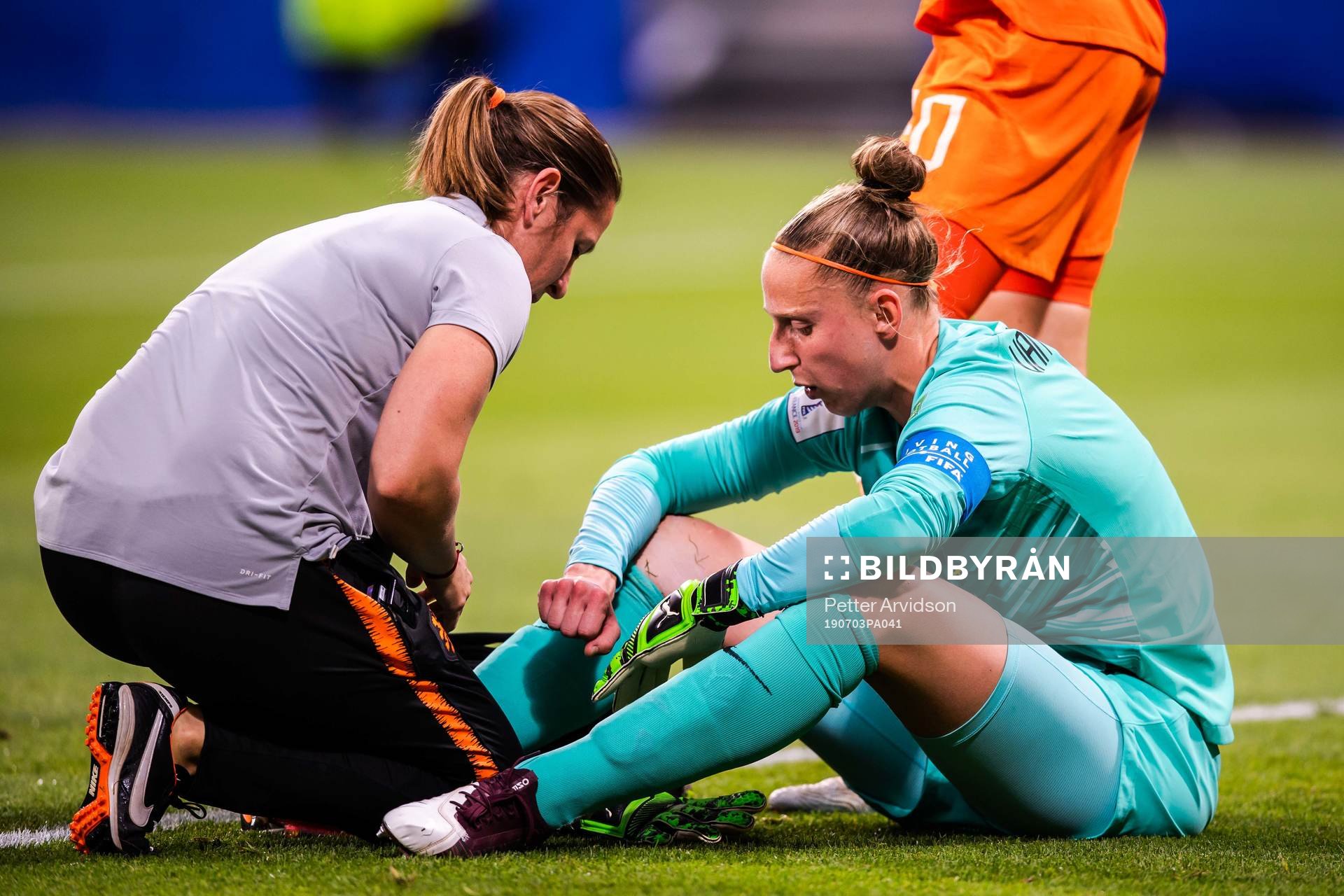 Goalkeeper Sari Van Veenendaal of Netherlands receives