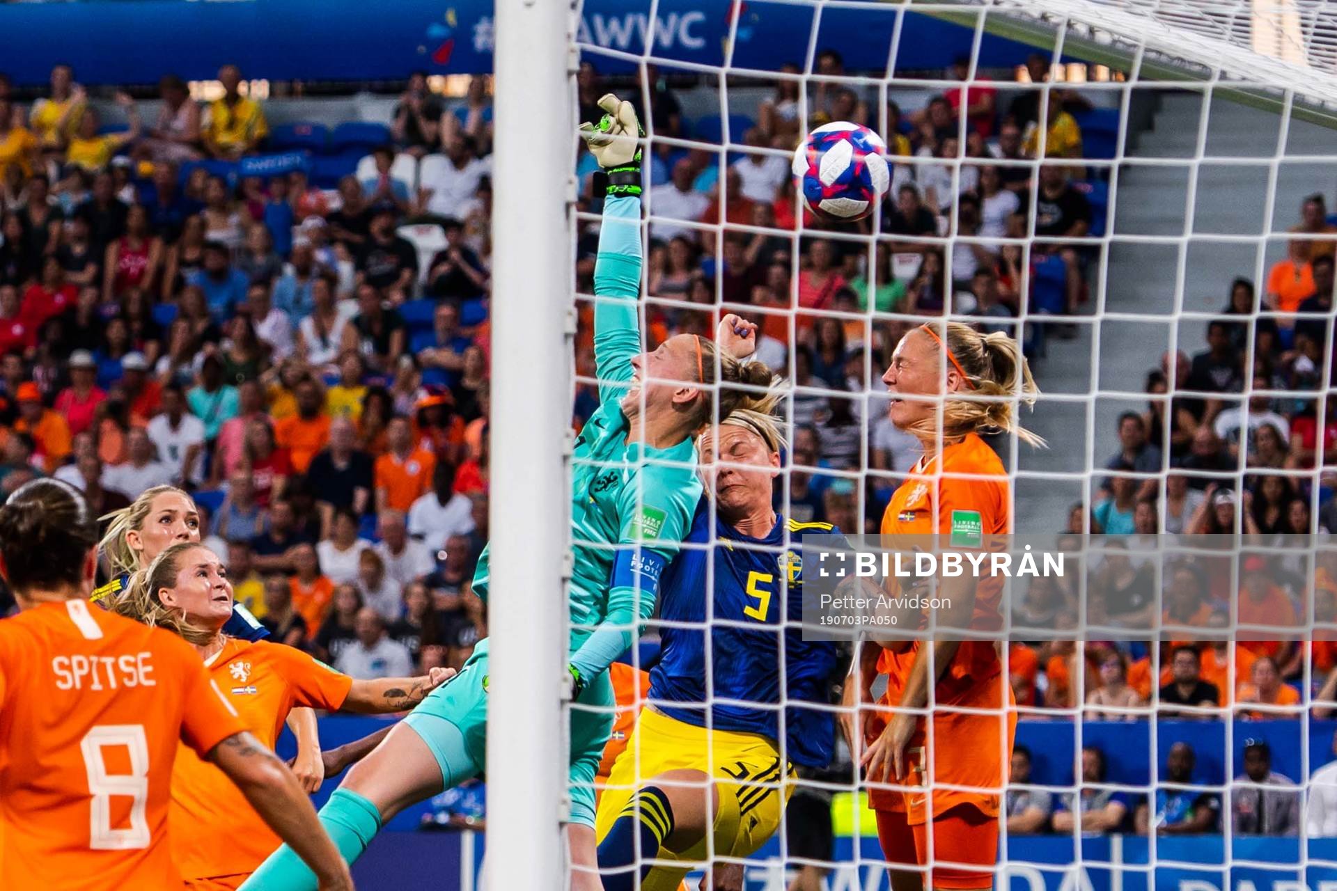 Nilla Fischer of Sweden and goalkeeper Sari Van Veenendaal