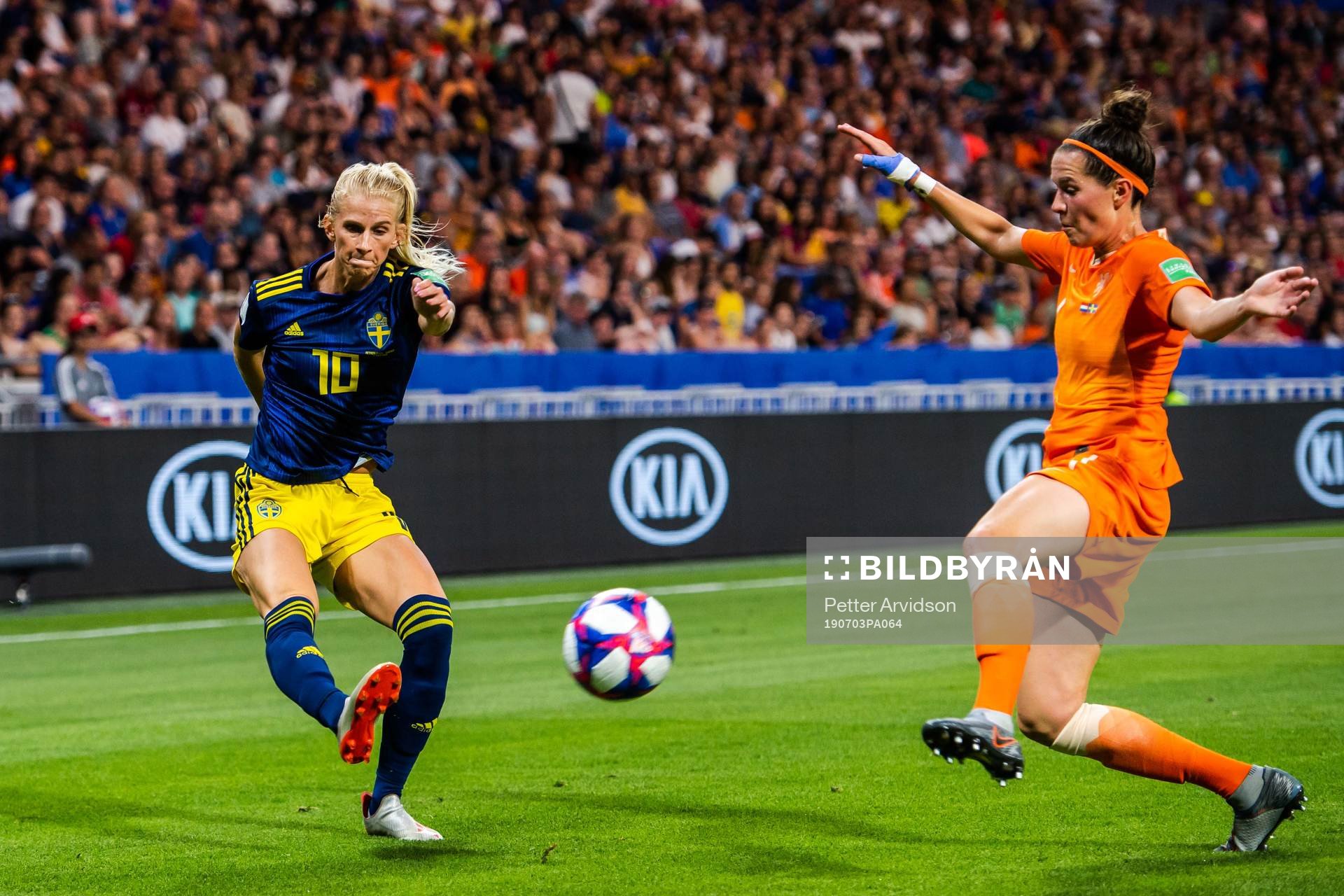 Sofia Jakobsson of Sweden and Merel Didi Van Dongen of Netherlands during the FIFA Women's World Cup semi-final match between Netherlands and Sweden on July 3, 2019 in Lyon.