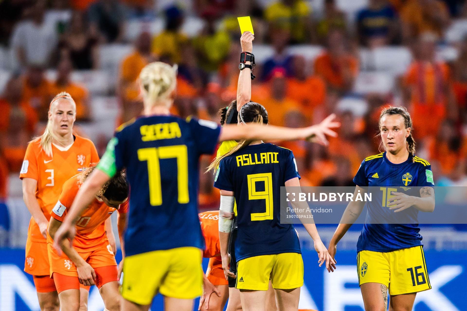 Julia Zigiotti Olme of Sweden is shown a yellow card