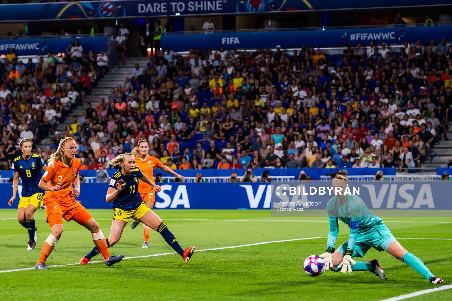 Stina Blackstenius of Sweden and goalkeeper Sari Van