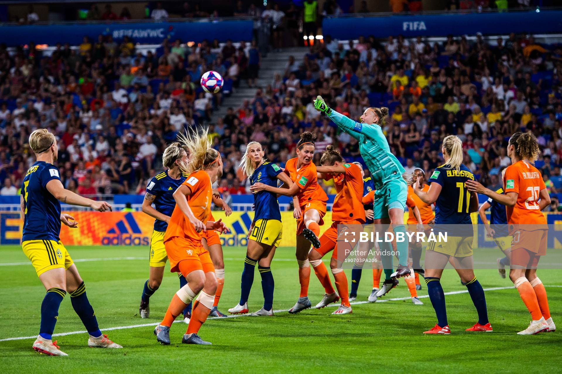 Goalkeeper Sari Van Veenendaal of Netherlands with a save