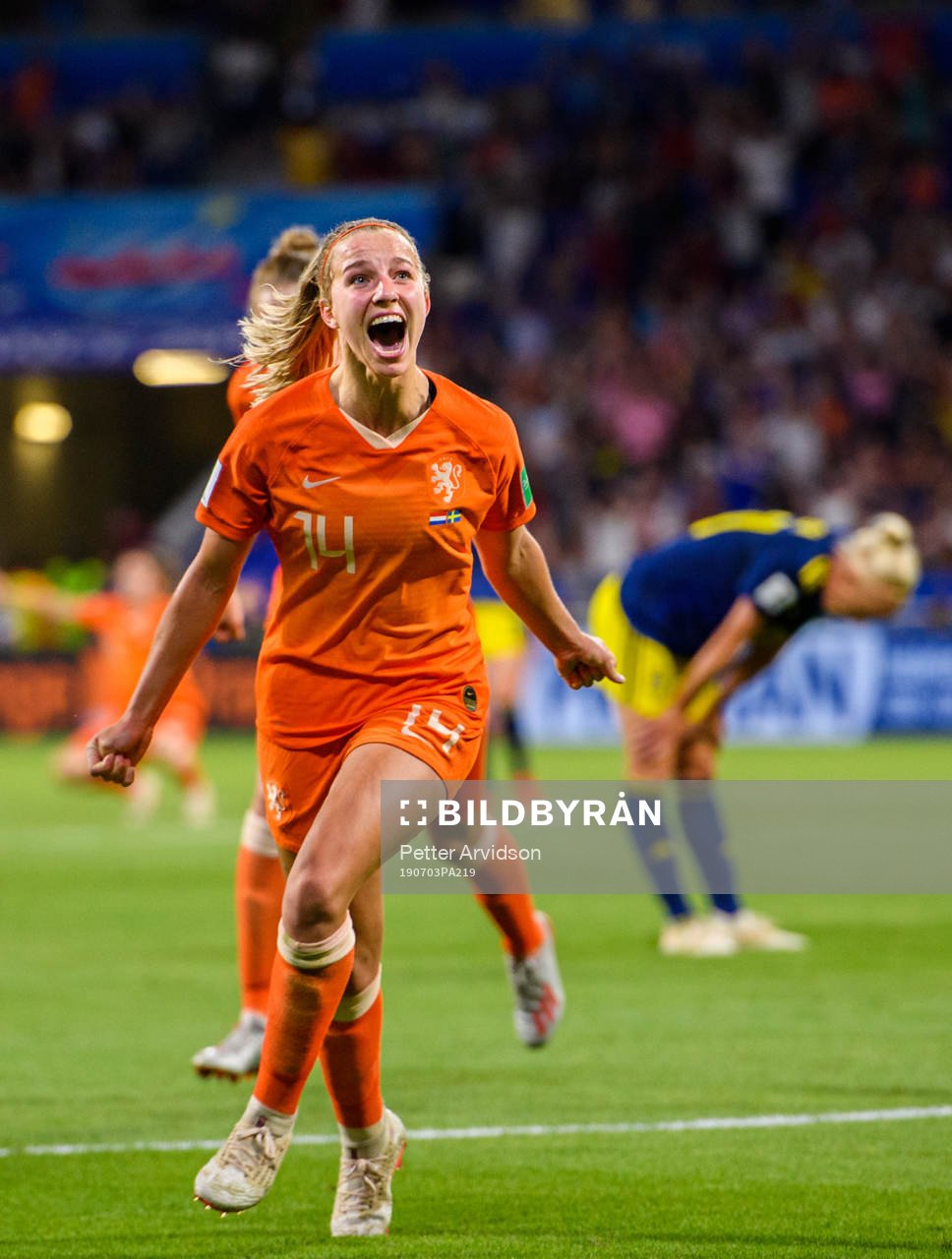 Jackie Noëlle Groenen of Netherlands celebrates after scoring the game winning 1-0 goal in overtime during the FIFA Women's World Cup semi-final match between Netherlands and Sweden on July 3, 2019 in Lyon.