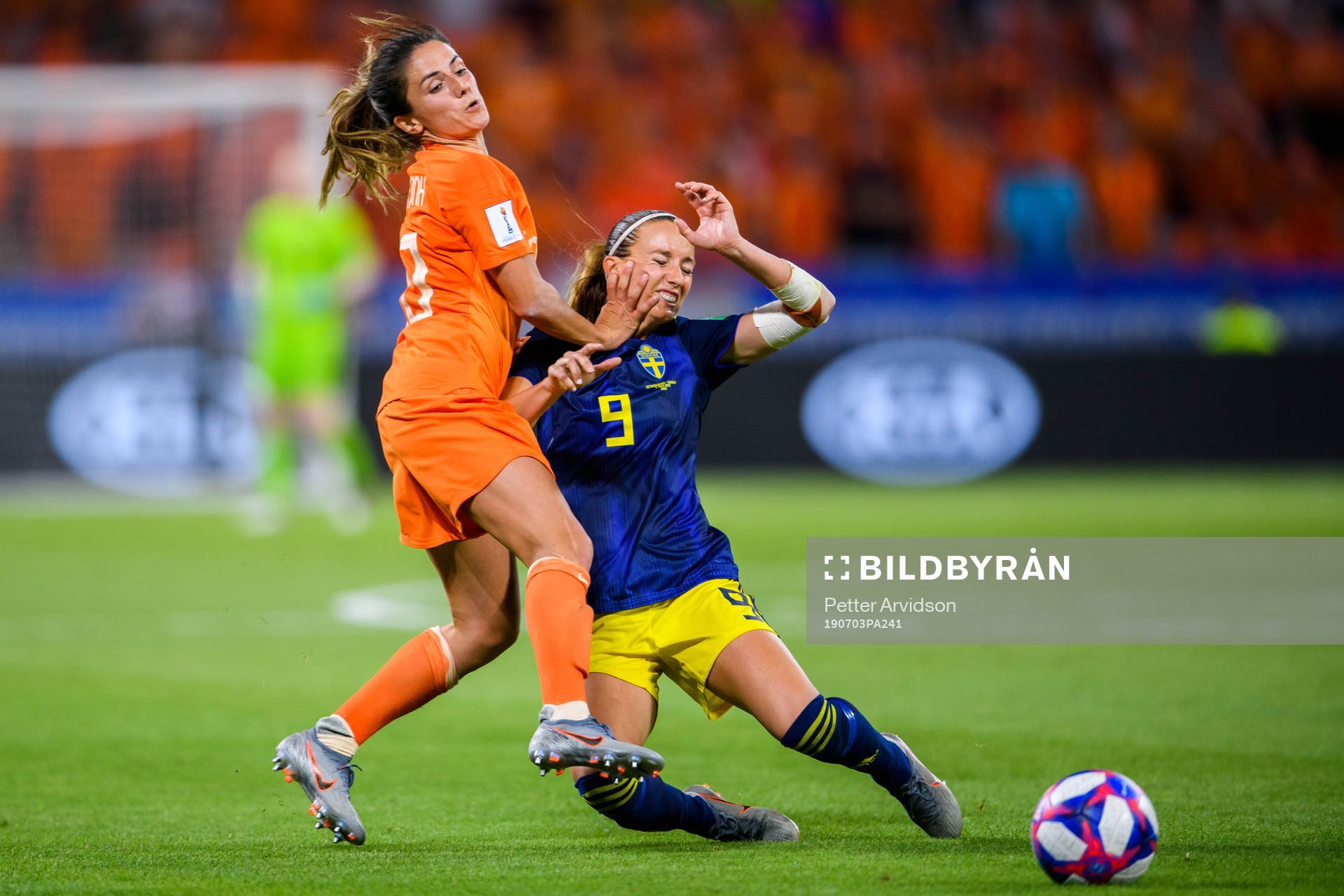 Daniëlle Van De Donk of Netherlands and Kosovare Asllani of Sweden during the FIFA Women's World Cup semi-final match between Netherlands and Sweden on July 3, 2019 in Lyon.