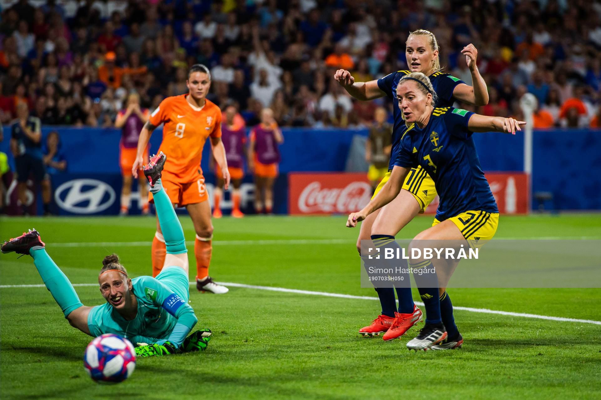 Goalkeeper Sari Van Veenendaal of Netherlands against Stina