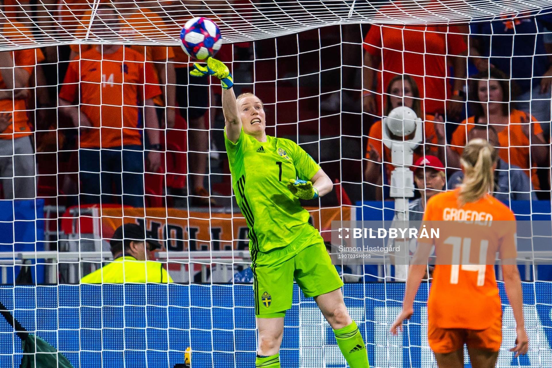 Goalkeeper Hedvig Lindahl of Sweden with a save