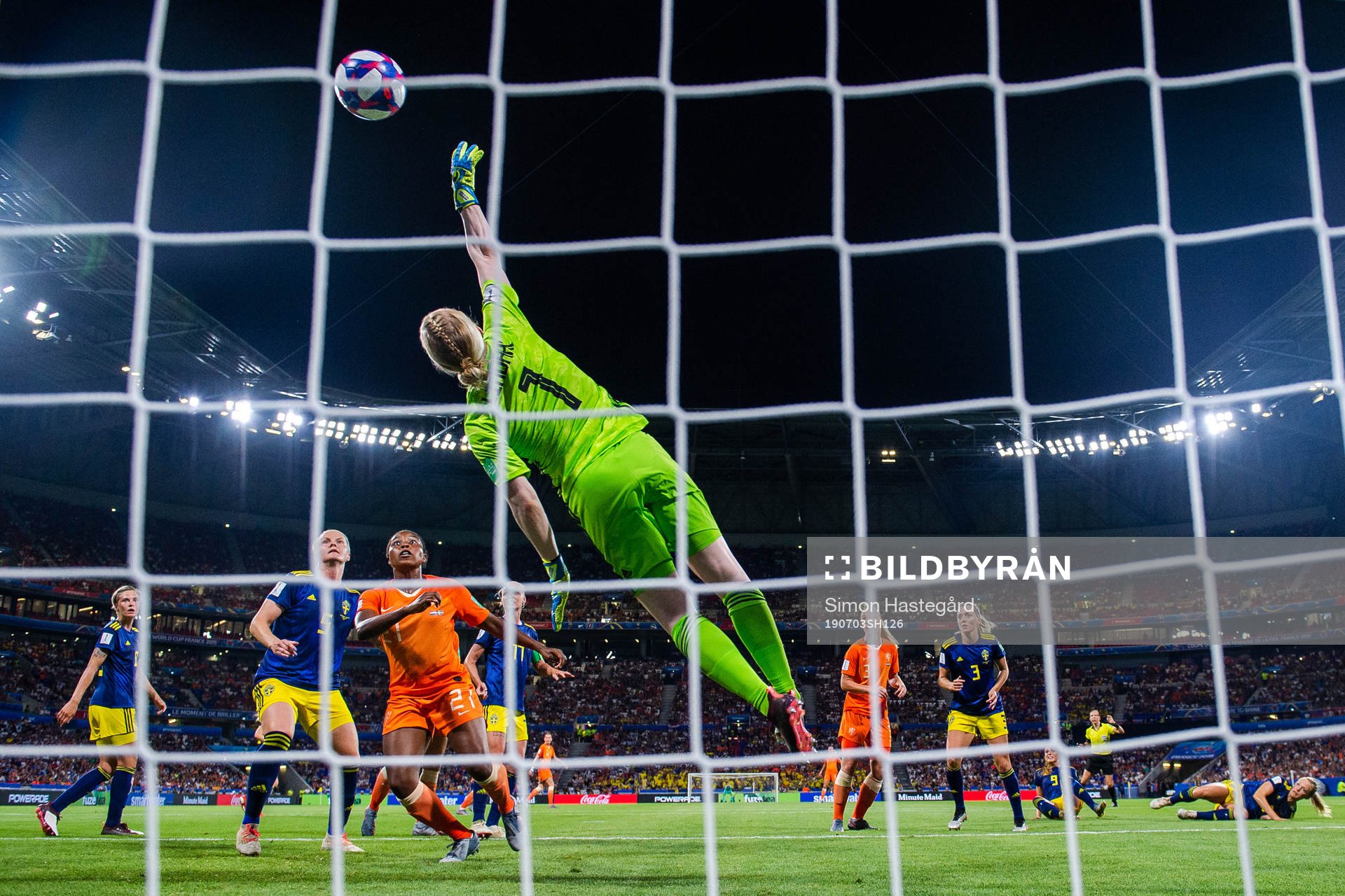 Goalkeeper Hedvig Lindahl of Sweden with a save