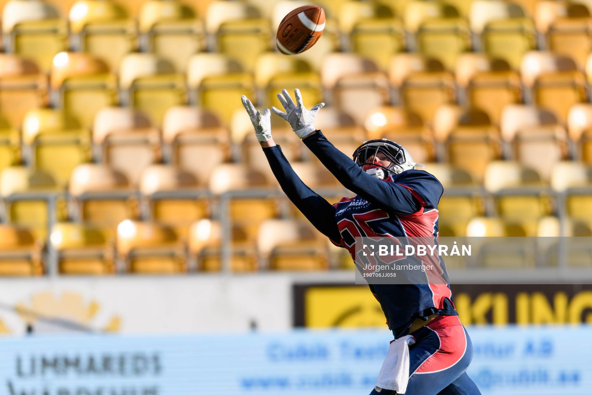 Stockholm Mean Machines Hans von Wachsman under av SM-finalen i amerikansk fotboll mellan Stockholm Mean Machines och Carlstad Crusaders den 6 Juli 2019 i Borås.