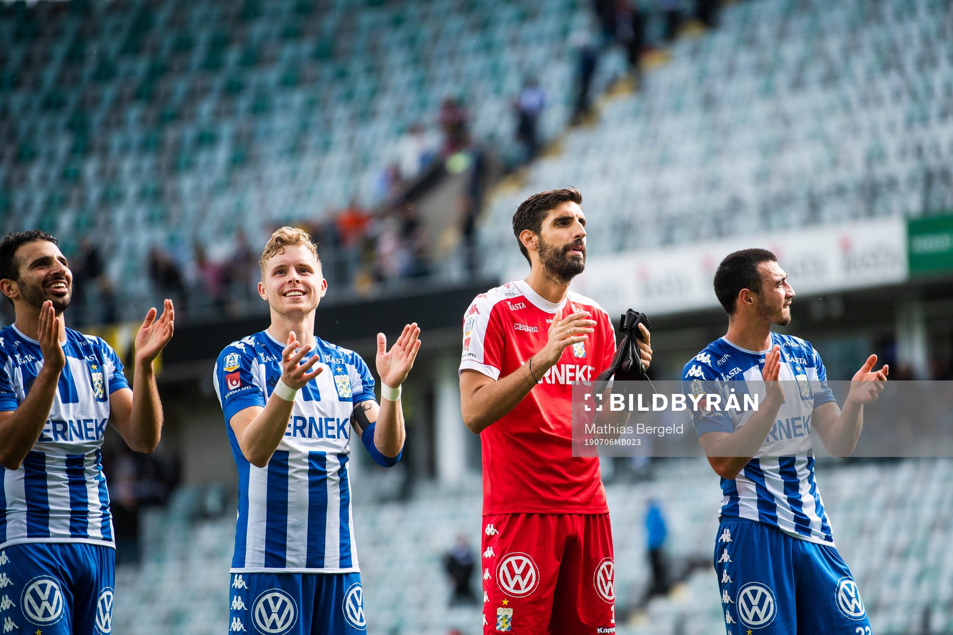 IFK Göteborgs André Calisir, Victor Wernersson, målvakt Giannis Anestisoch Giorgi Kharaishvili jublar efter fotbollsmatchen i Allsvenskan mellan IFK Göteborg och GIF Sundsvall den 6 juli 2019 i Göteborg.