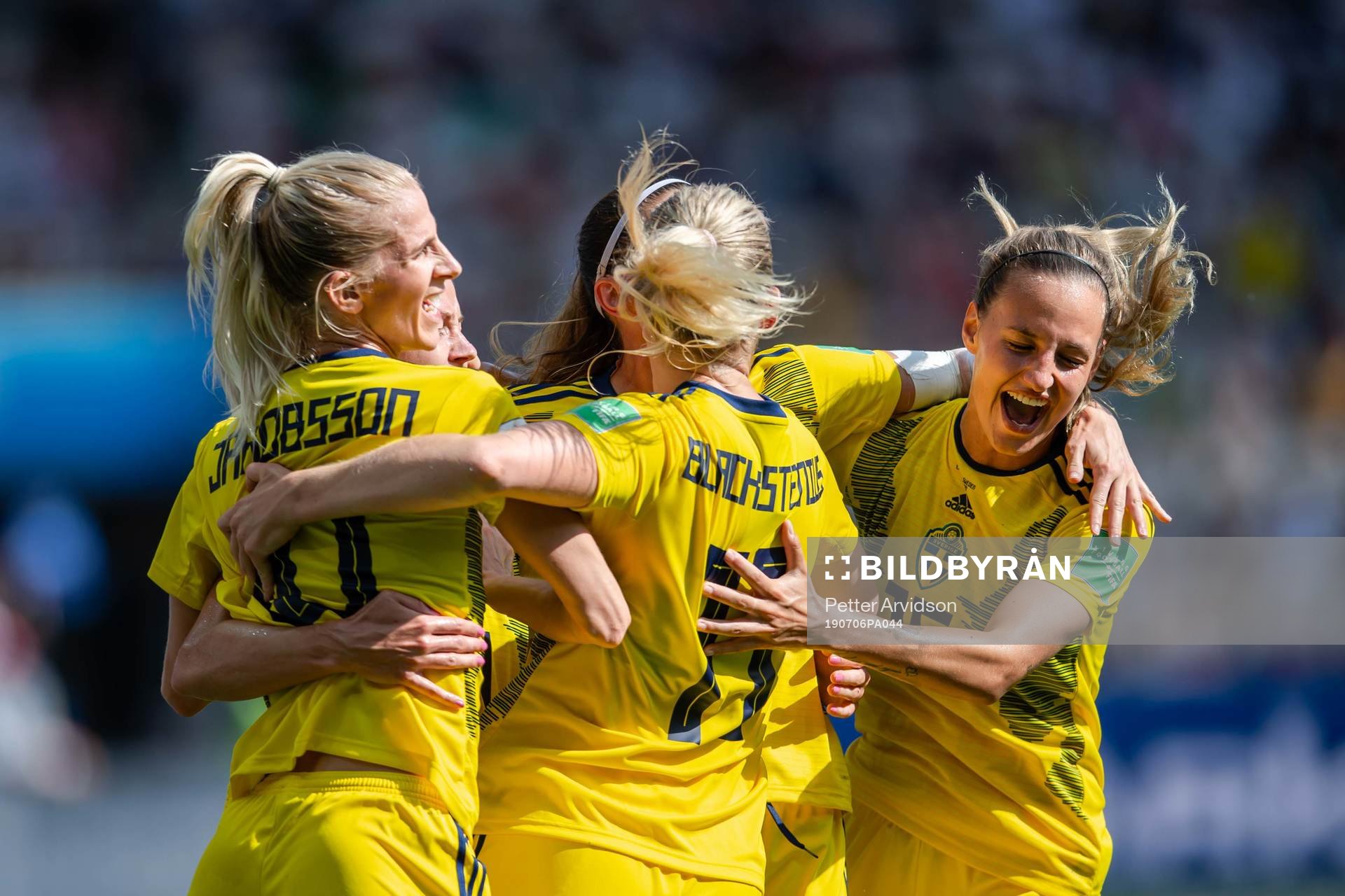 Kosovare Asllani of Sweden celebrate with Sofia Jakobsson and Nathalie Björn after 1-0 during the FIFA Women's World Cup bronze medal game between England and Sweden on July 6, 2019 in Nice.