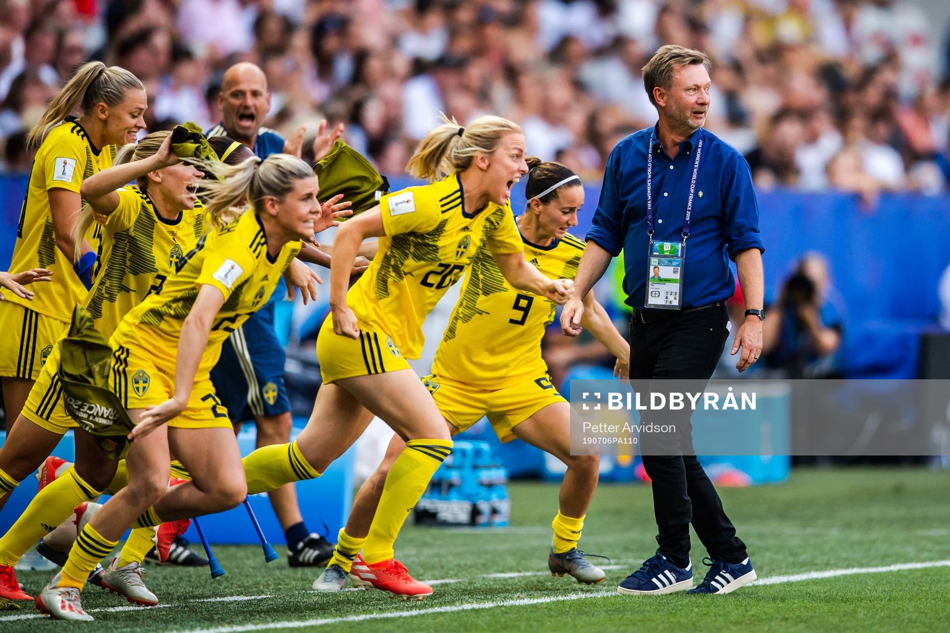 Substitutes of Sweden celebrate winning bronze