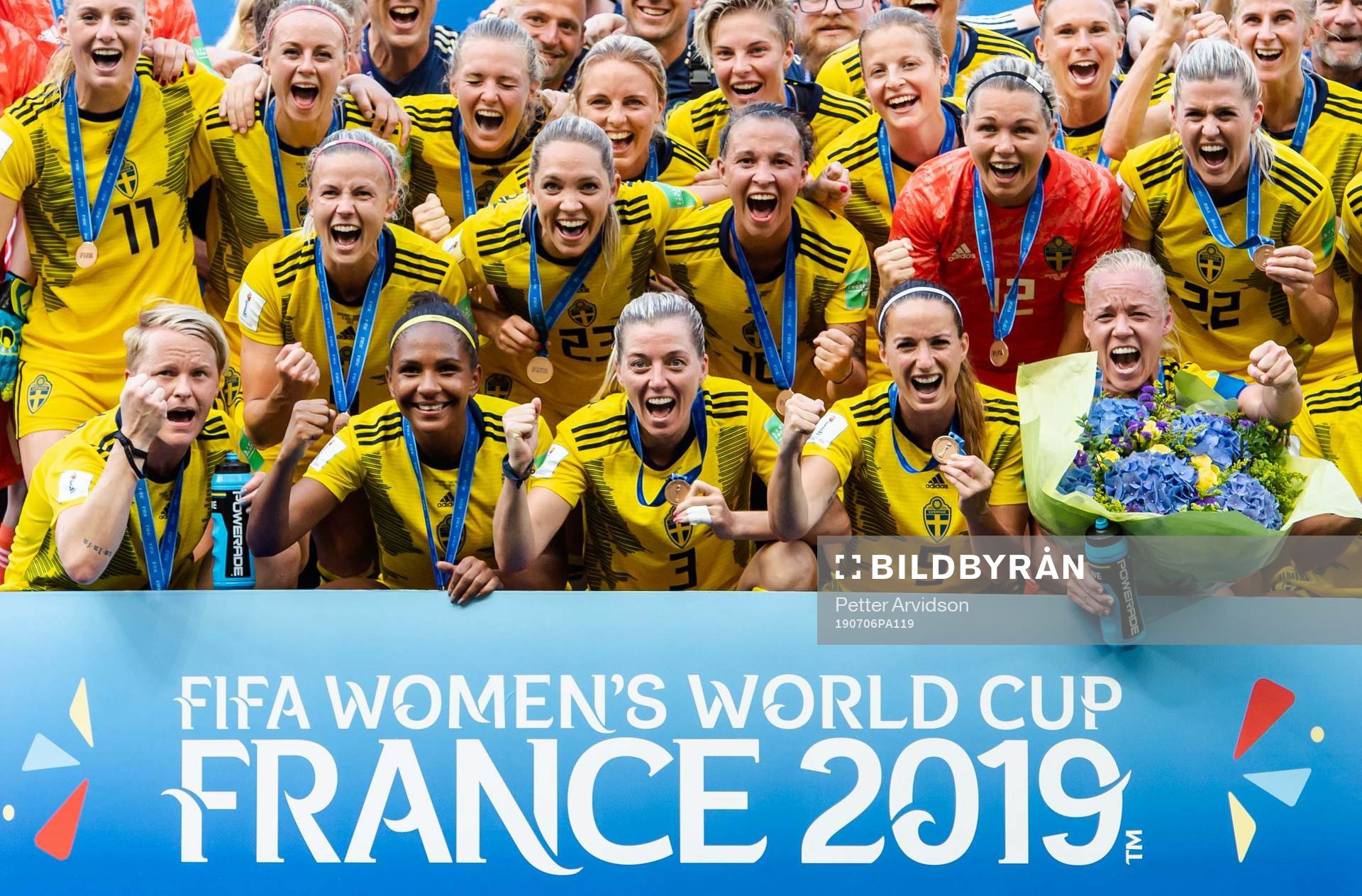 Players of Sweden celebrate with their bronze medals