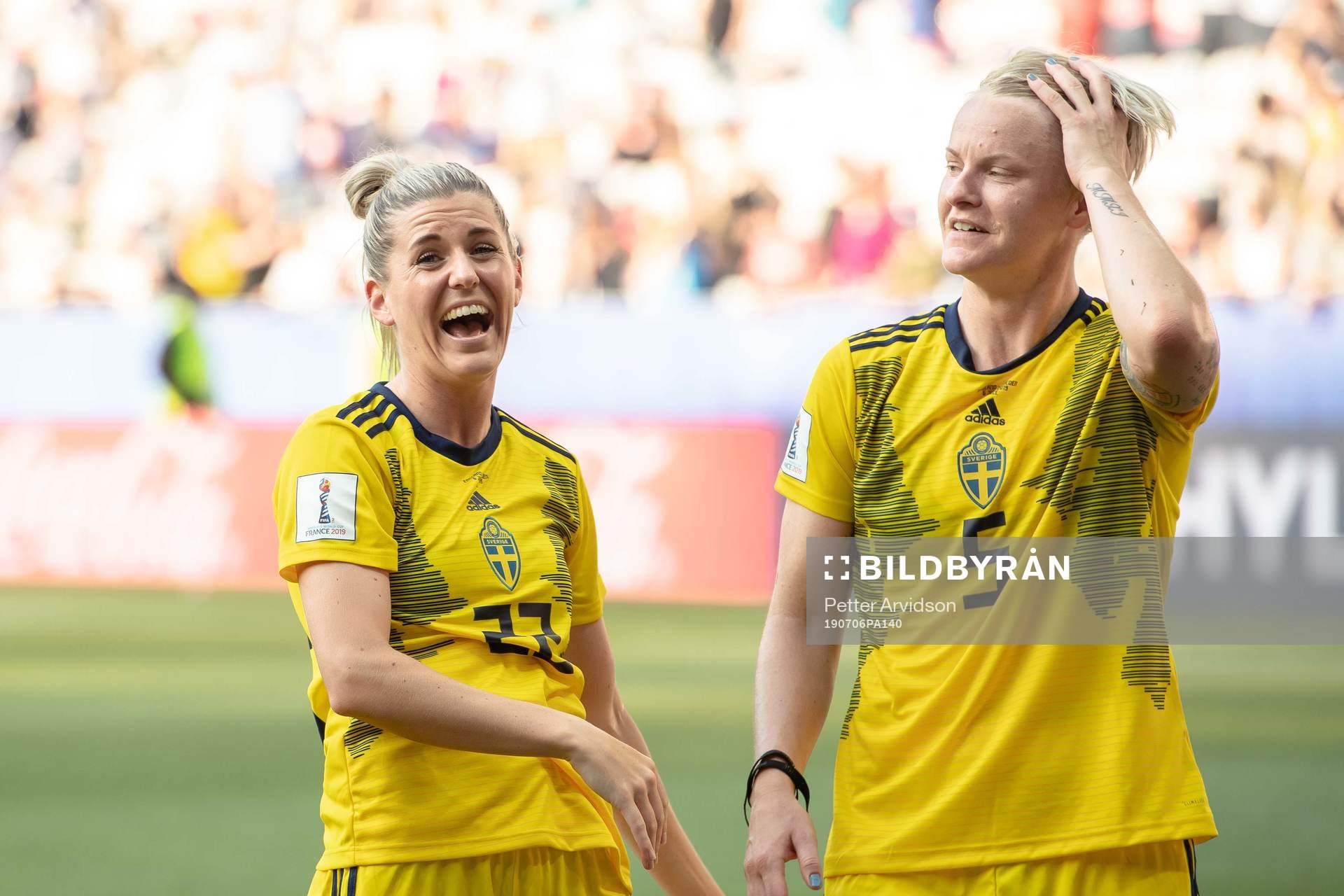 Olivia Schough and Nilla Fischer of Sweden celebrate winning bronze after the FIFA Women's World Cup bronze medal game between England and Sweden on July 6, 2019 in Nice.