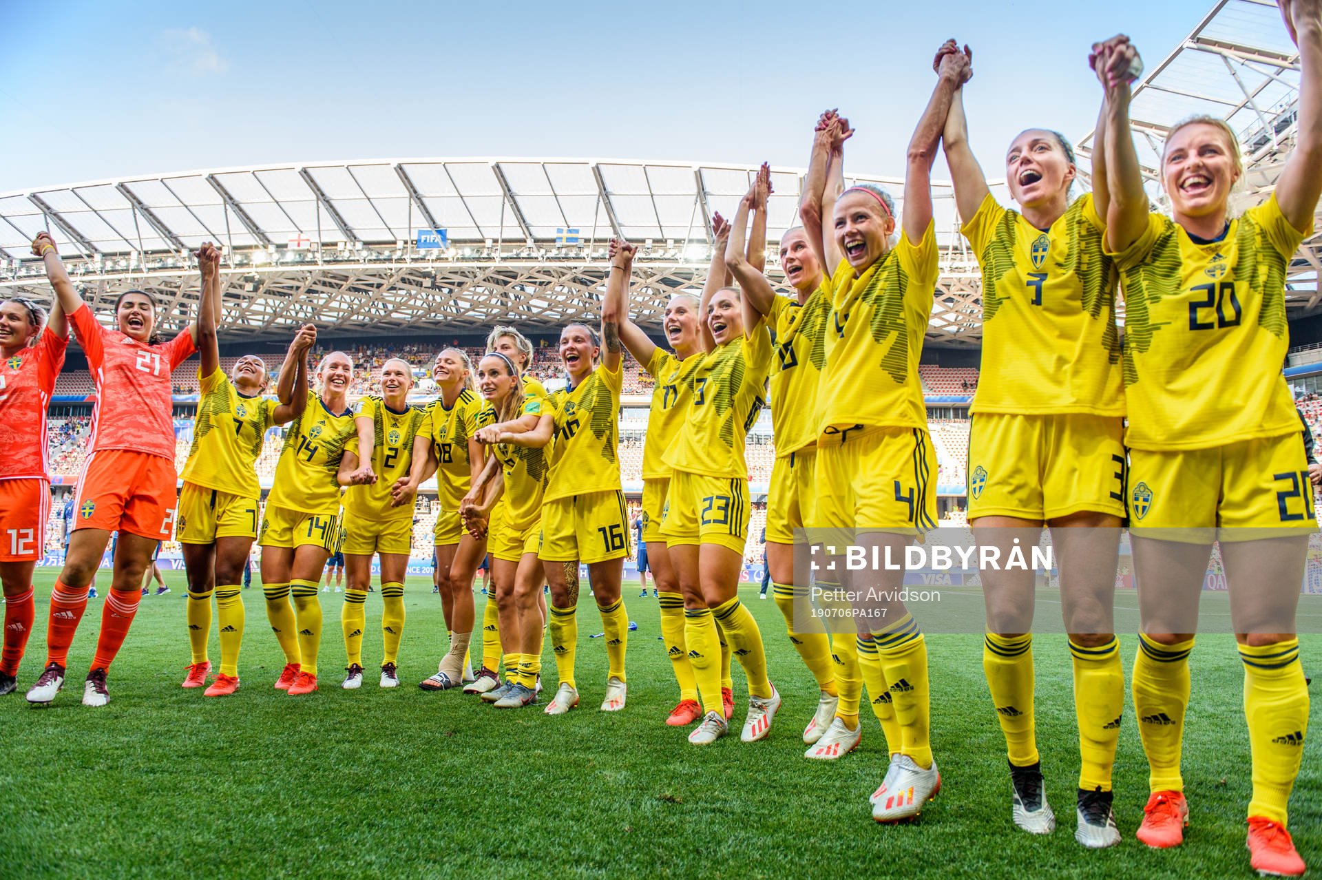 Players of Sweden celebrate winning bronze