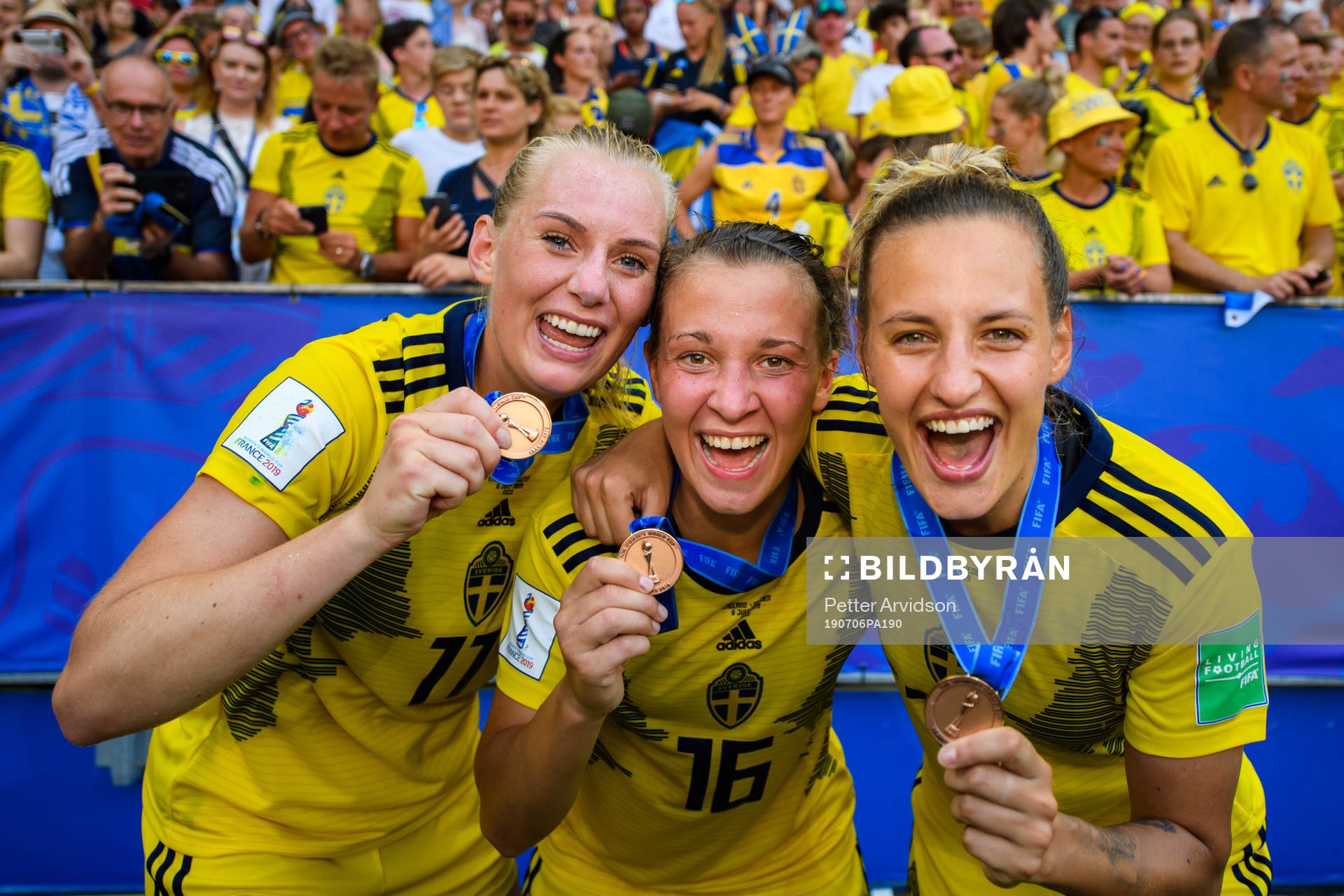 Stina Blackstenius, Julia Zigiotti Olme and Nathalie Björn of Sweden celebrate with their bronze medals after the FIFA Women's World Cup bronze medal game between England and Sweden on July 6, 2019 in Nice.