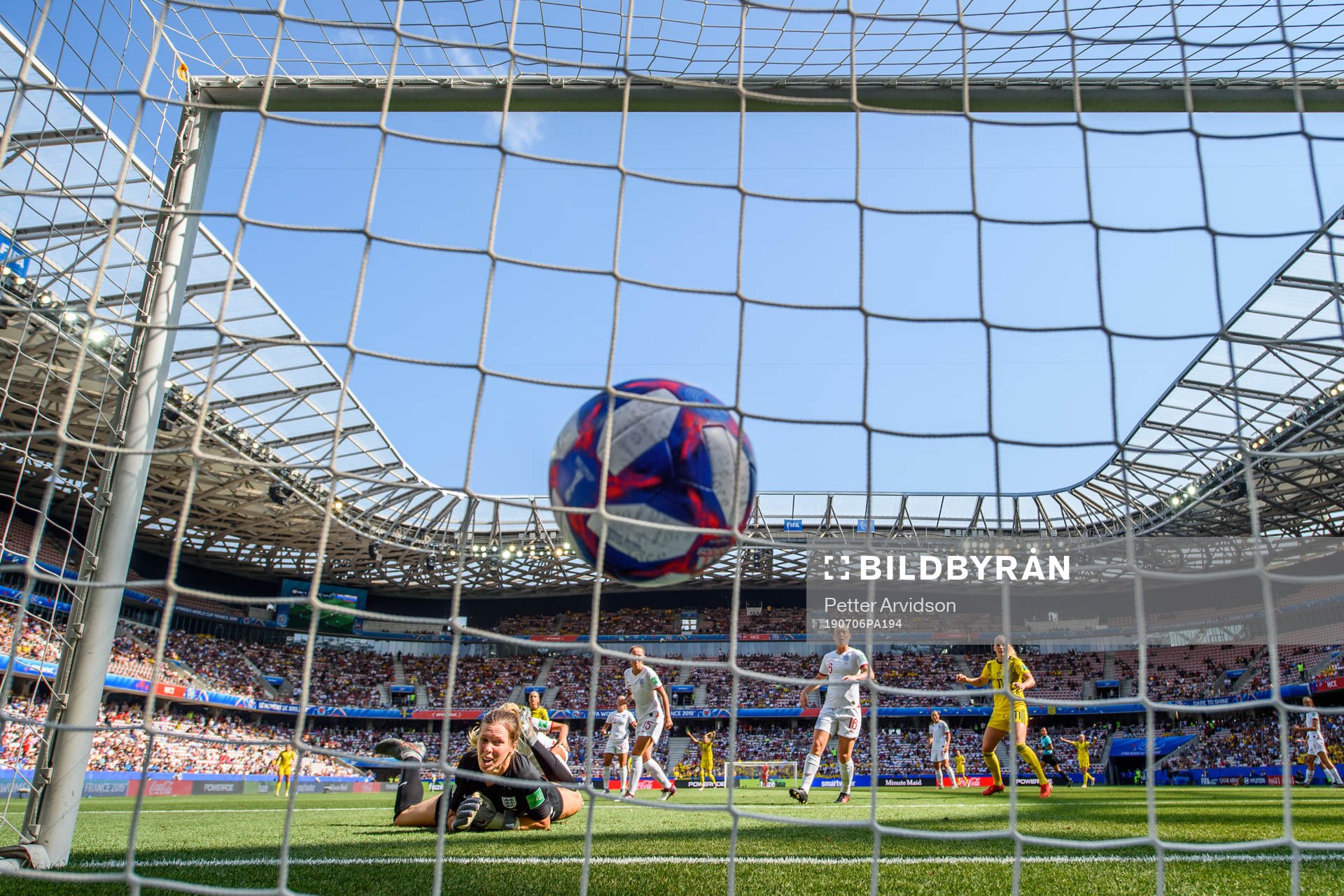 Kosovare Asllani of Sweden score the 0-1 goal behind goalkeeper Carly Telford of England during the FIFA Women's World Cup bronze medal game between England and Sweden on July 6, 2019 in Nice.