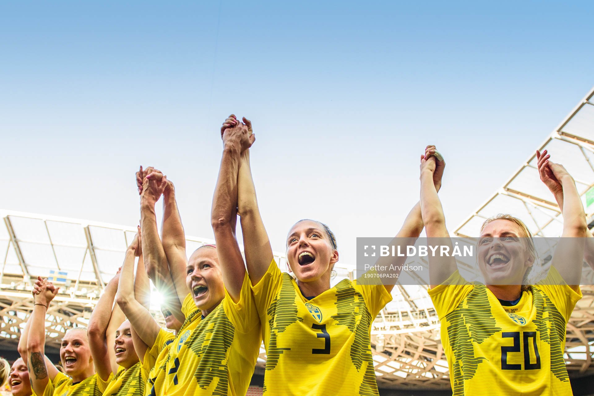 Hanna Glas, Linda Sembrant and Mimmi Larsson of Sweden celebrate after winning bronze after the FIFA Women's World Cup bronze medal game between England and Sweden on July 6, 2019 in Nice.