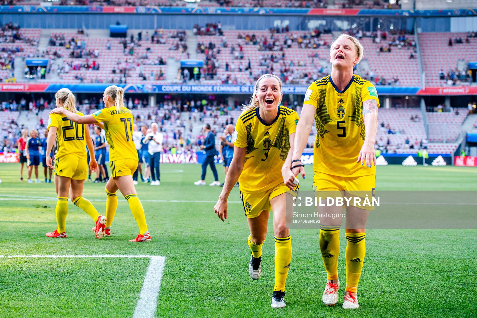 Linda Sembrant and Nilla Fischer of Sweden celebrate after the FIFA Women's World Cup bronze medal game between England and Sweden on July 6, 2019 in Nice.