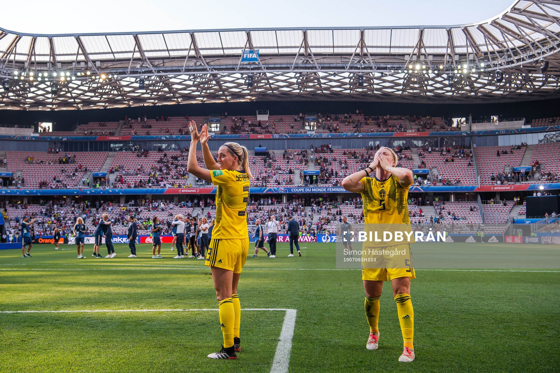 Linda Sembrant and Nilla Fischer of Sweden celebrate