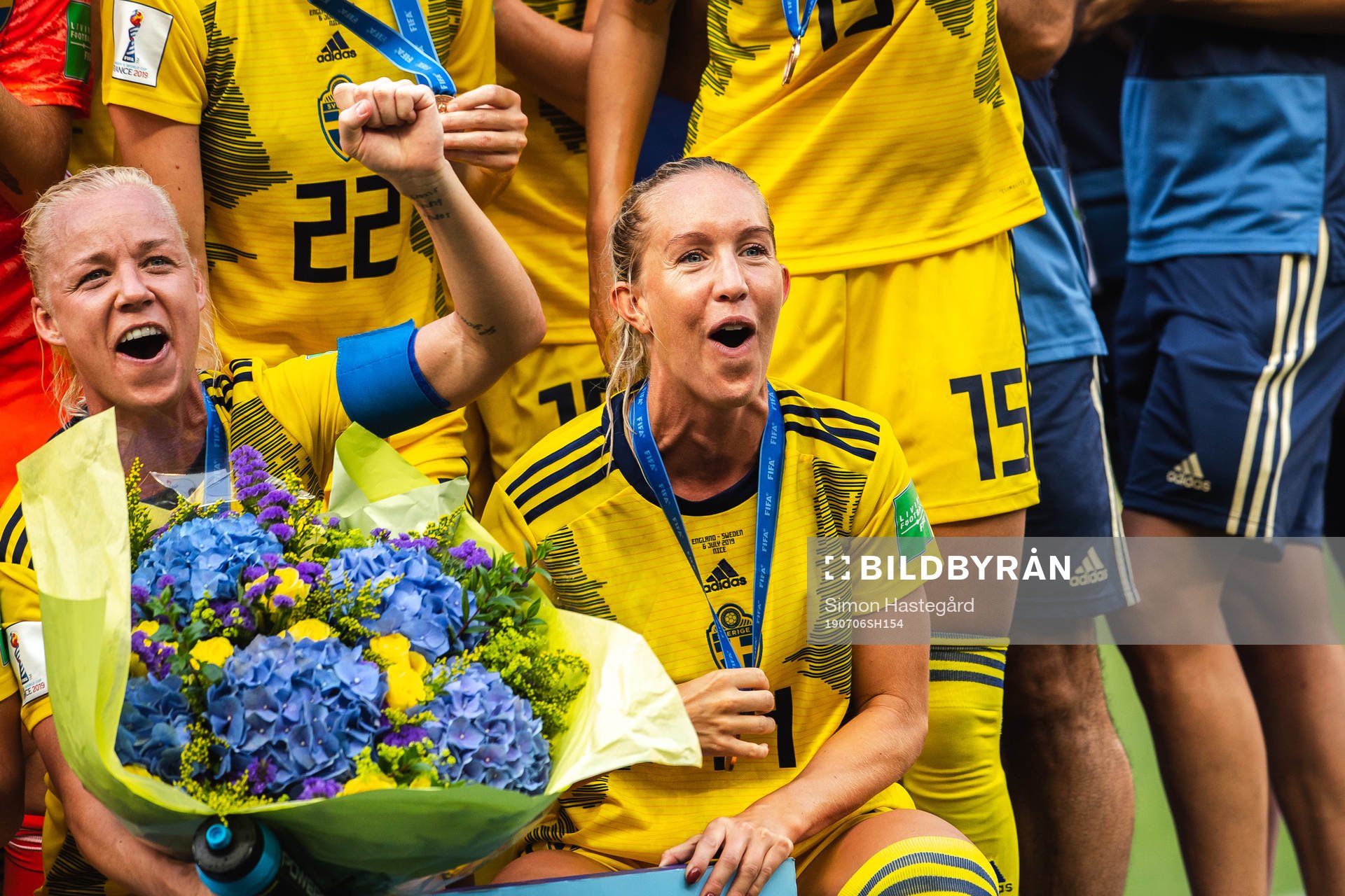 Caroline Seger and Julia Roddar of Sweden celebrate